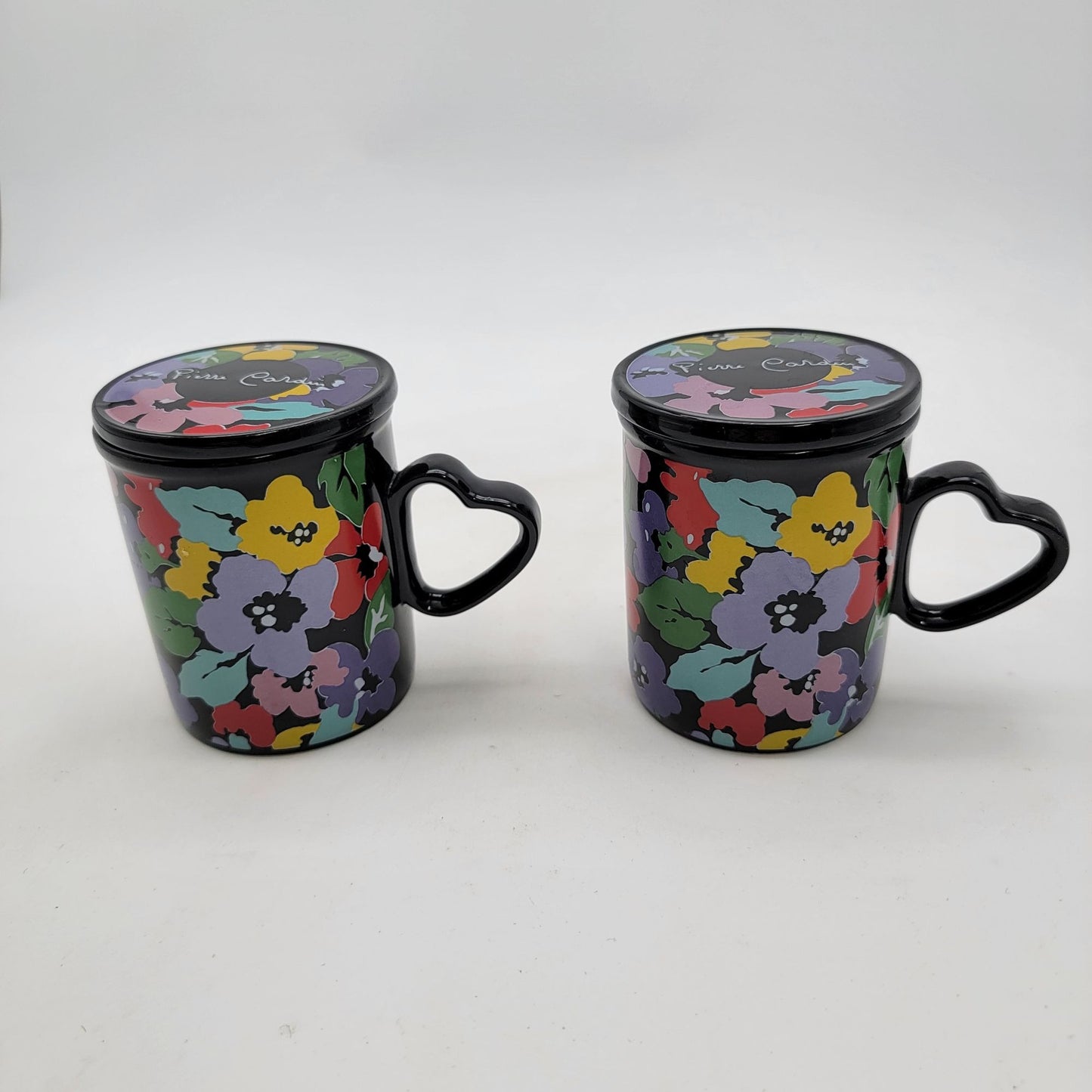 Pair of Pierre Cardin Floral Ceramic Mugs With Heart Handles & Lids