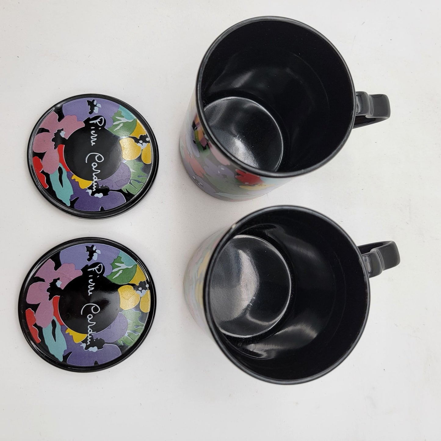 Pair of Pierre Cardin Floral Ceramic Mugs With Heart Handles & Lids