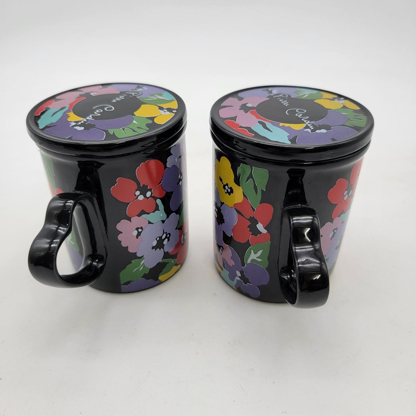Pair of Pierre Cardin Floral Ceramic Mugs With Heart Handles & Lids