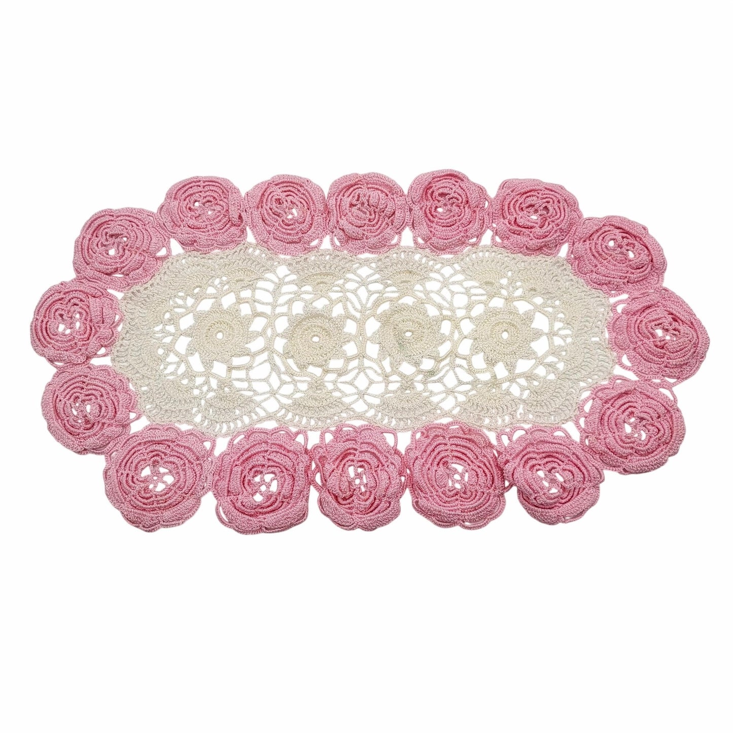Vintage Crocheted Pink Irish Rose Rosettes Oval Doily