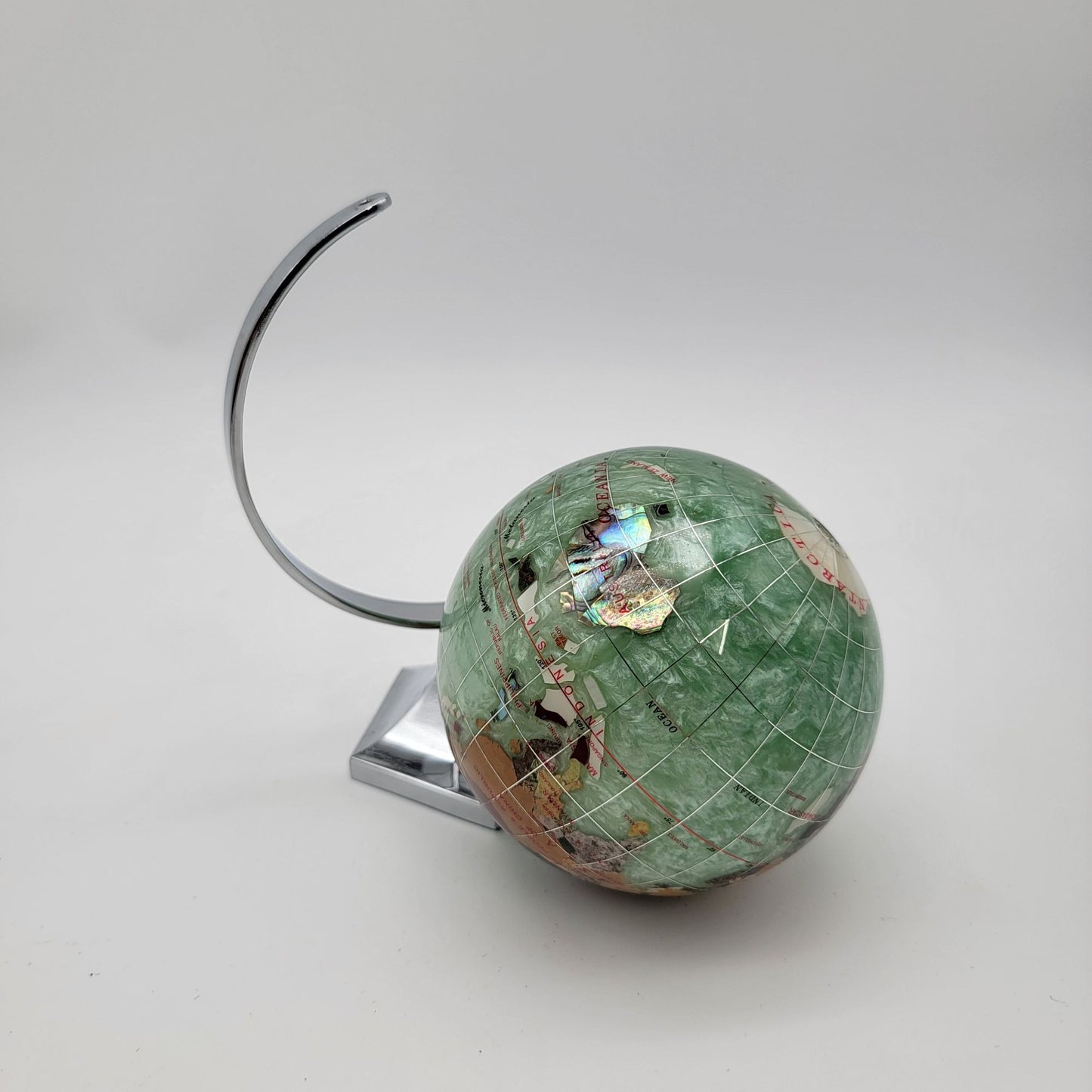 Vintage Gemstone Inlay Globe With Chrome Stand - As Found
