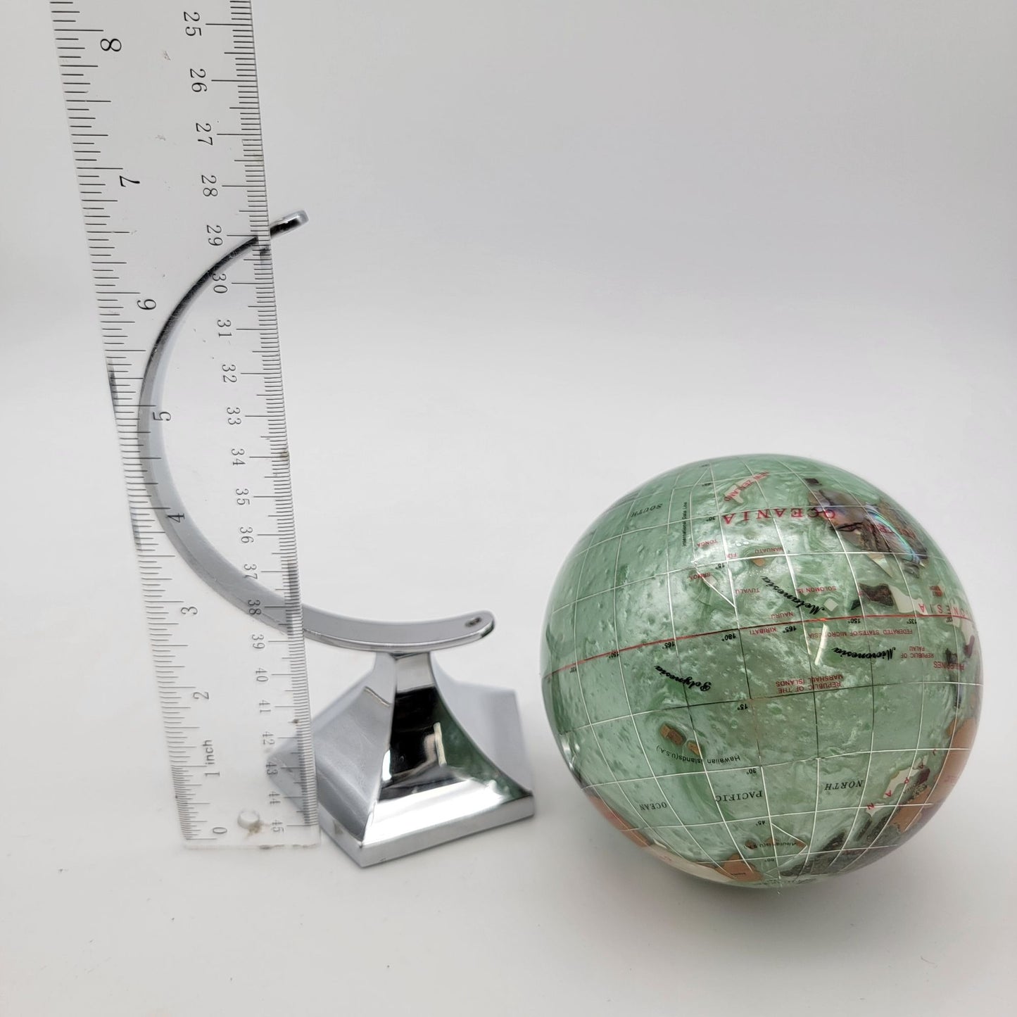Vintage Gemstone Inlay Globe With Chrome Stand - As Found