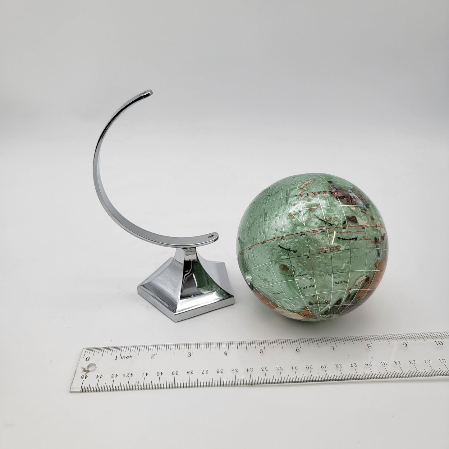 Vintage Gemstone Inlay Globe With Chrome Stand - As Found