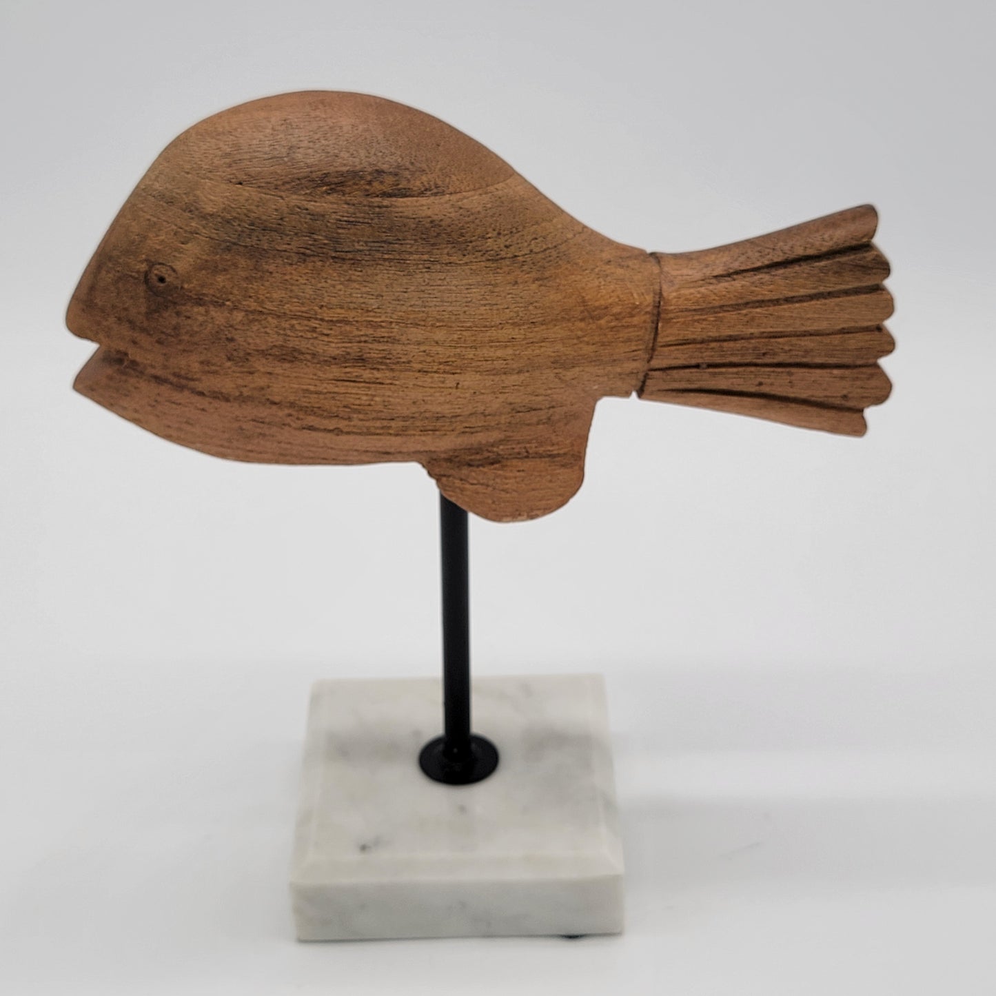 Carved Wood Fish Sculpture on Marble Base