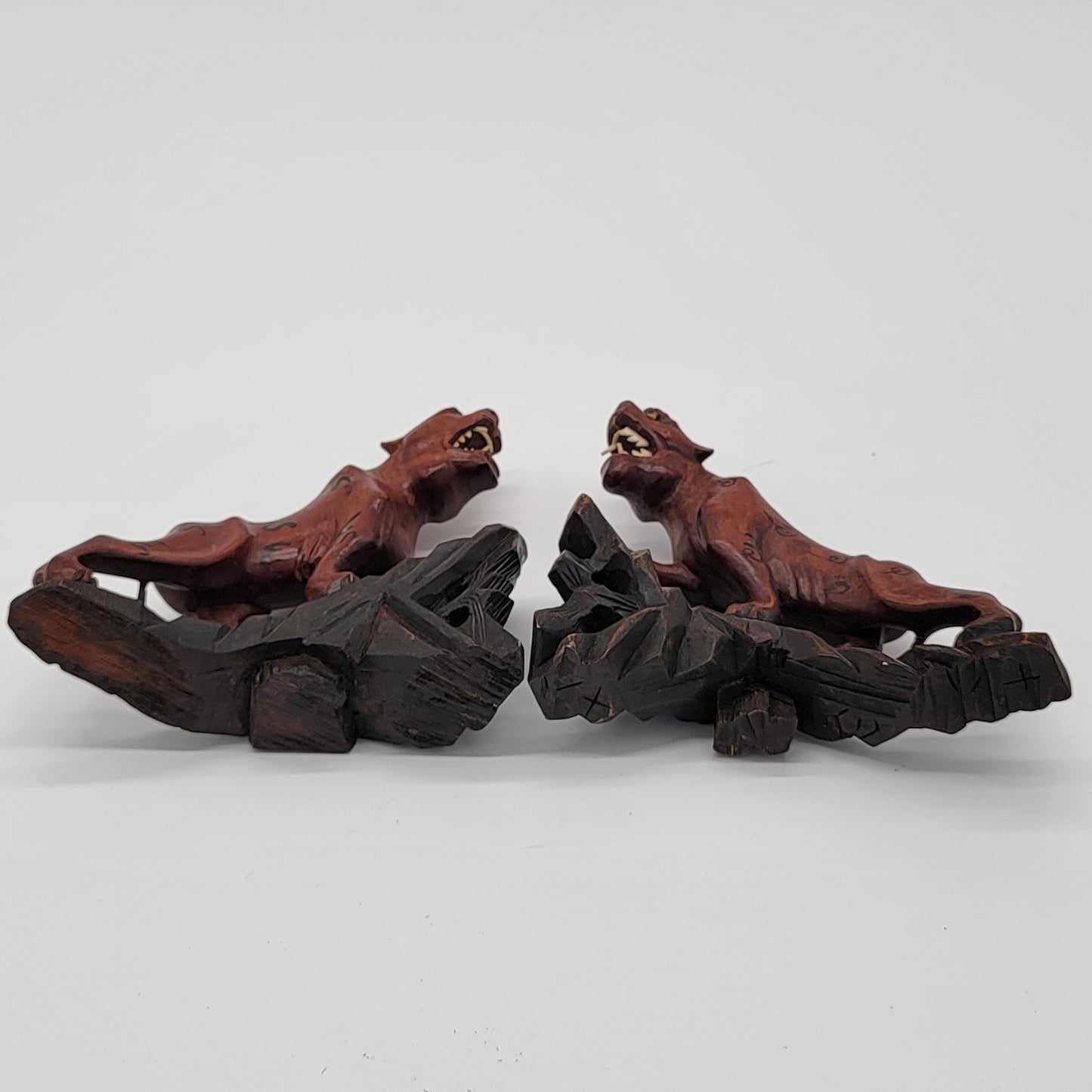 Pair of Antique Hand-Carved Rosewood Tigers with Glass Eyes