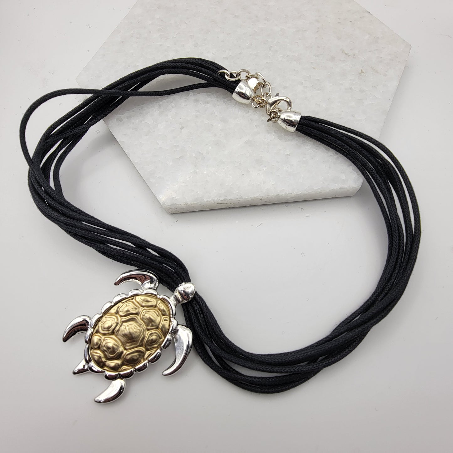 Gold and Silver Tone Sea Turtle Pendant on Cord Necklace