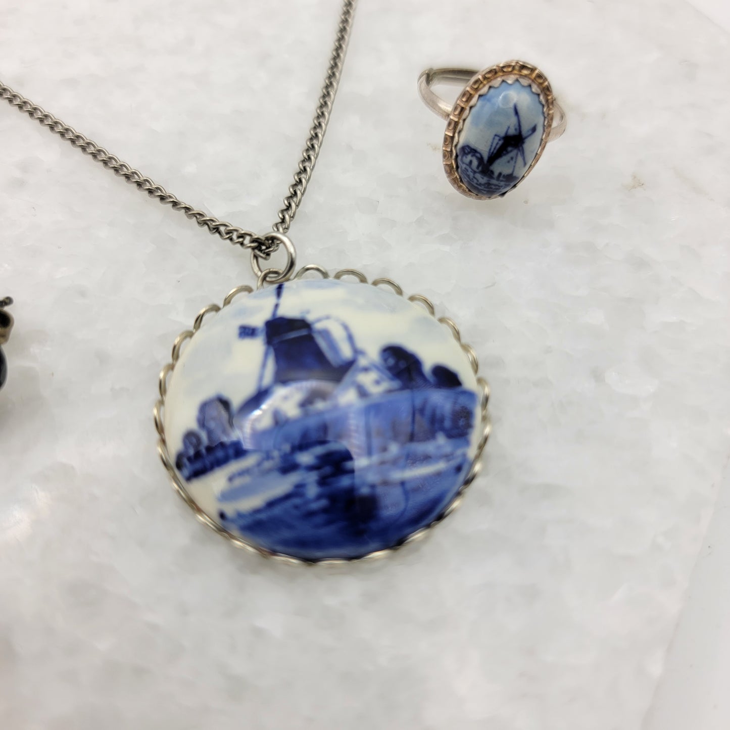 Vintage Delft Holland Windmill Jewelry Set Necklace Earrings Ring