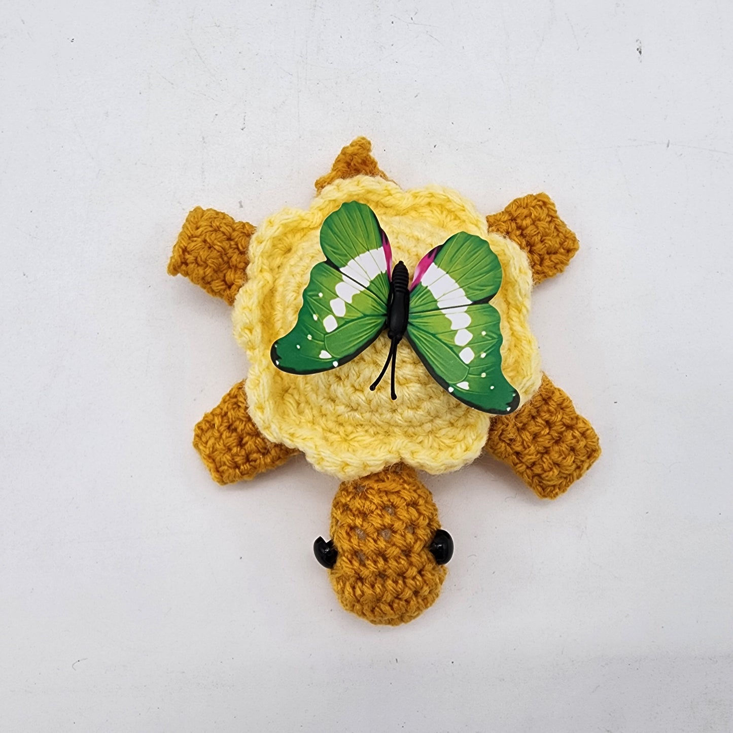 Hand Crocheted Turtle Yellow with Green Butterfly
