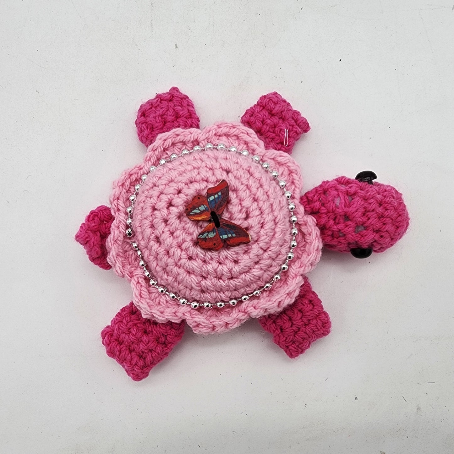 Hand Crocheted Turtle Pink on Pink with Butterfly and Bling