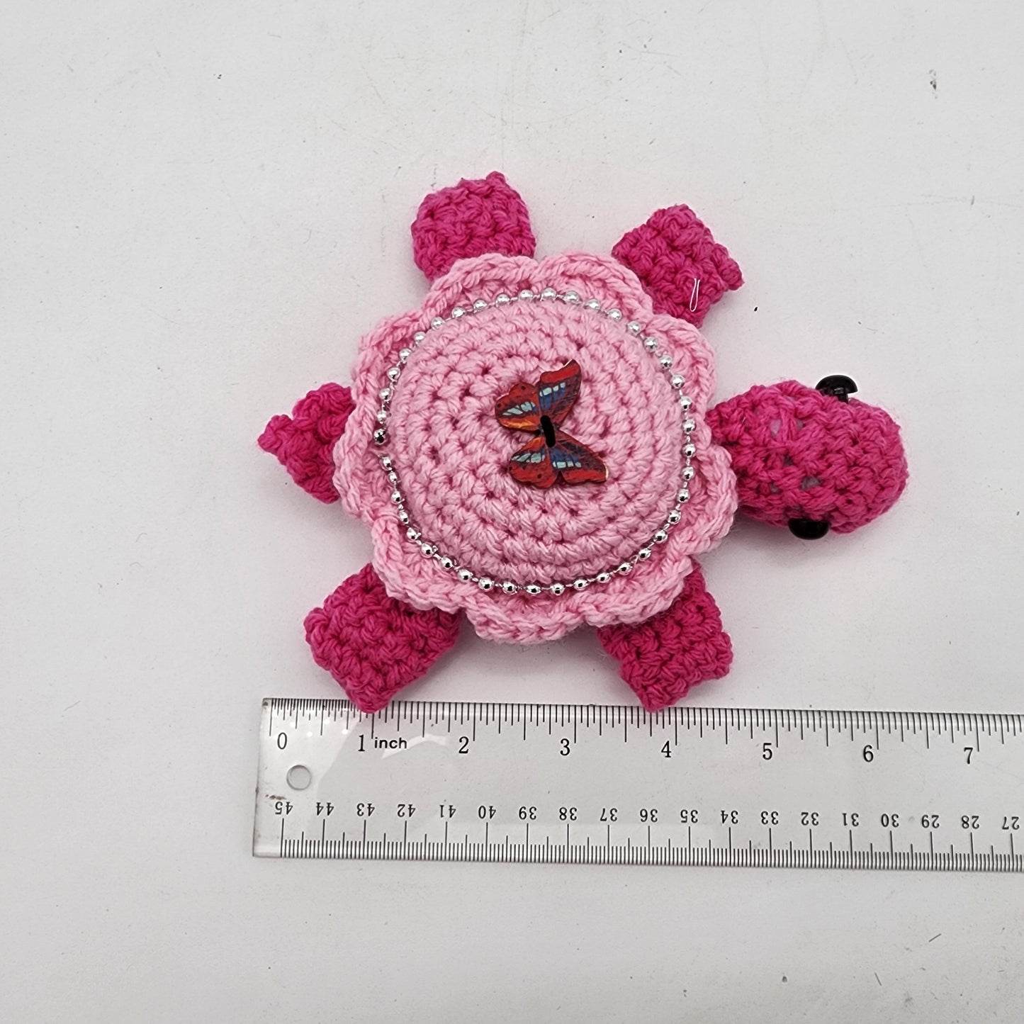 Hand Crocheted Turtle Pink on Pink with Butterfly and Bling