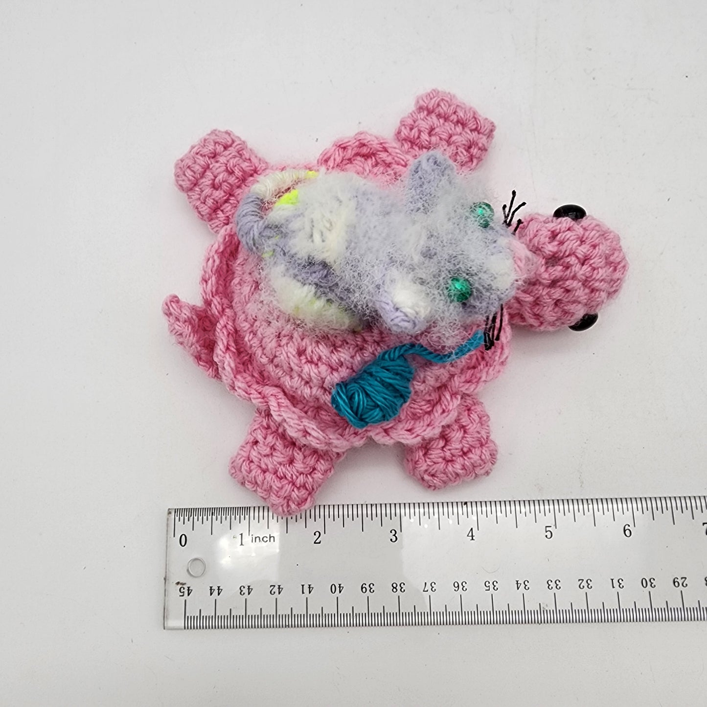 FOR JULEE - Hand Crocheted Turtle Pink with Fuzzy Kitten