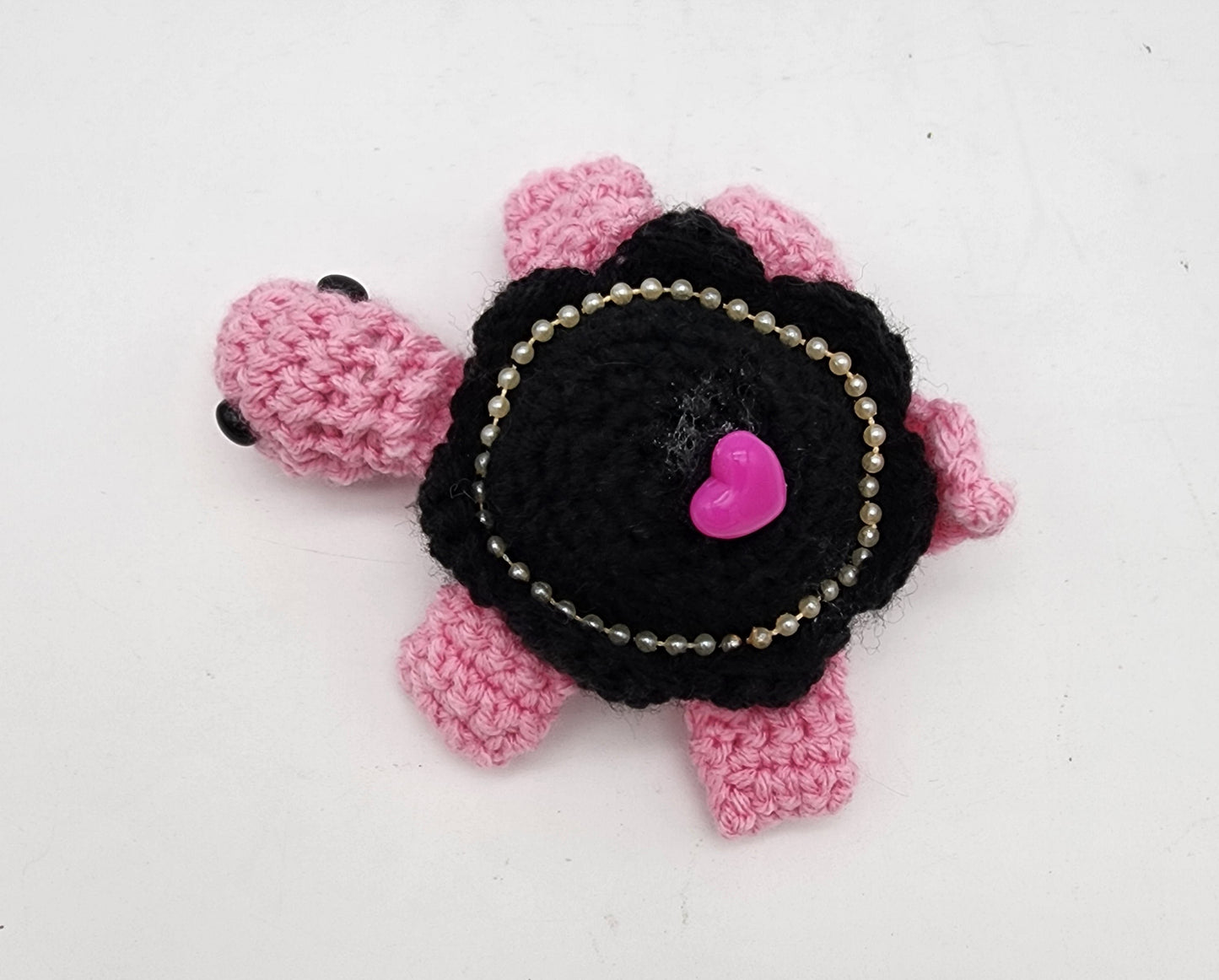 Hand Crocheted Turtle Pink and Black with Pearls and Heart