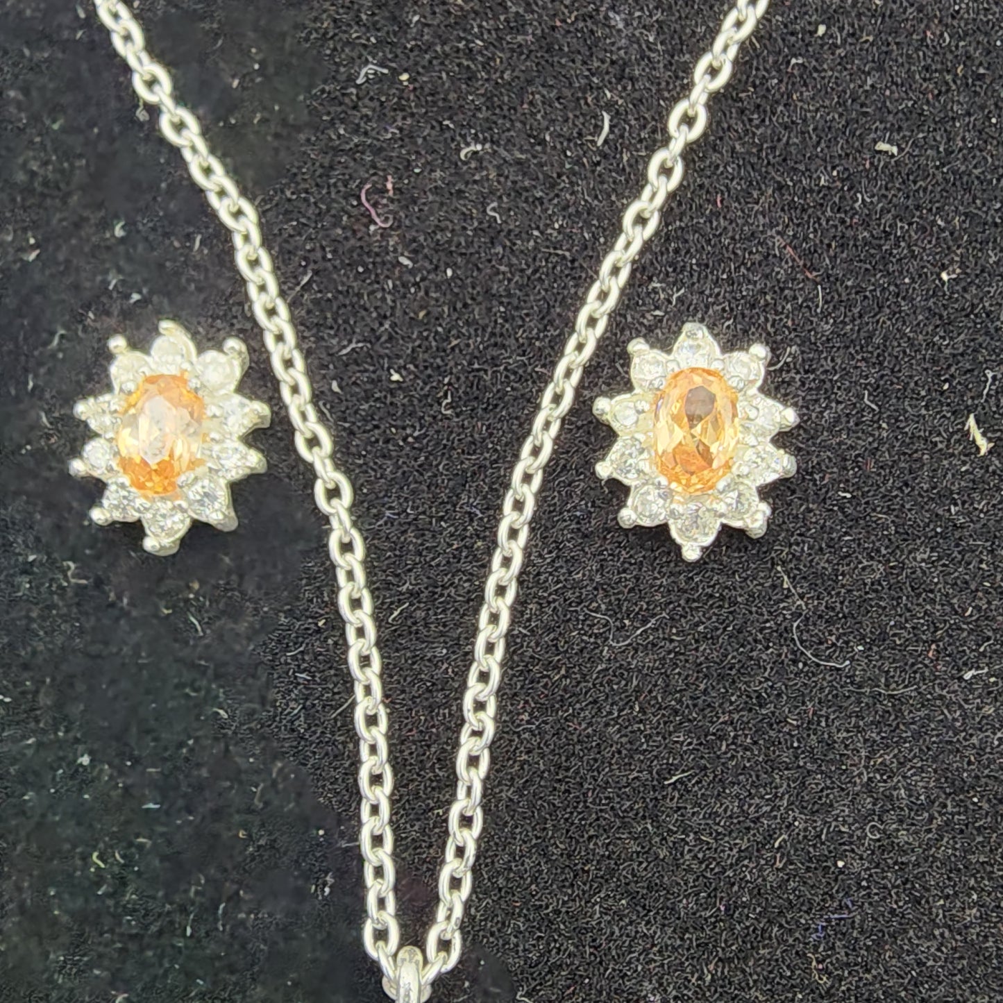 Sterling Silver 925 Yellow CZ Necklace & Stud Earring Set
