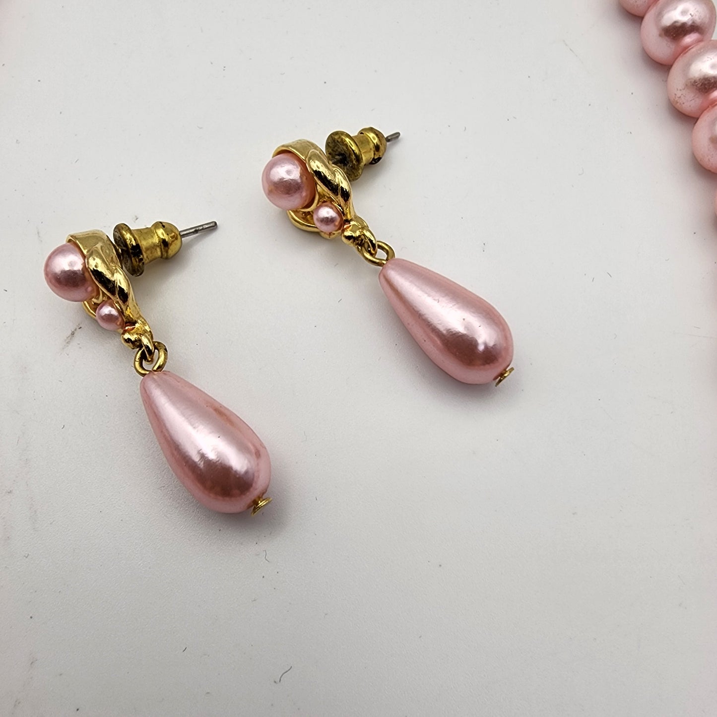 Vintage Pink Faux Pearl Necklace and Earrings