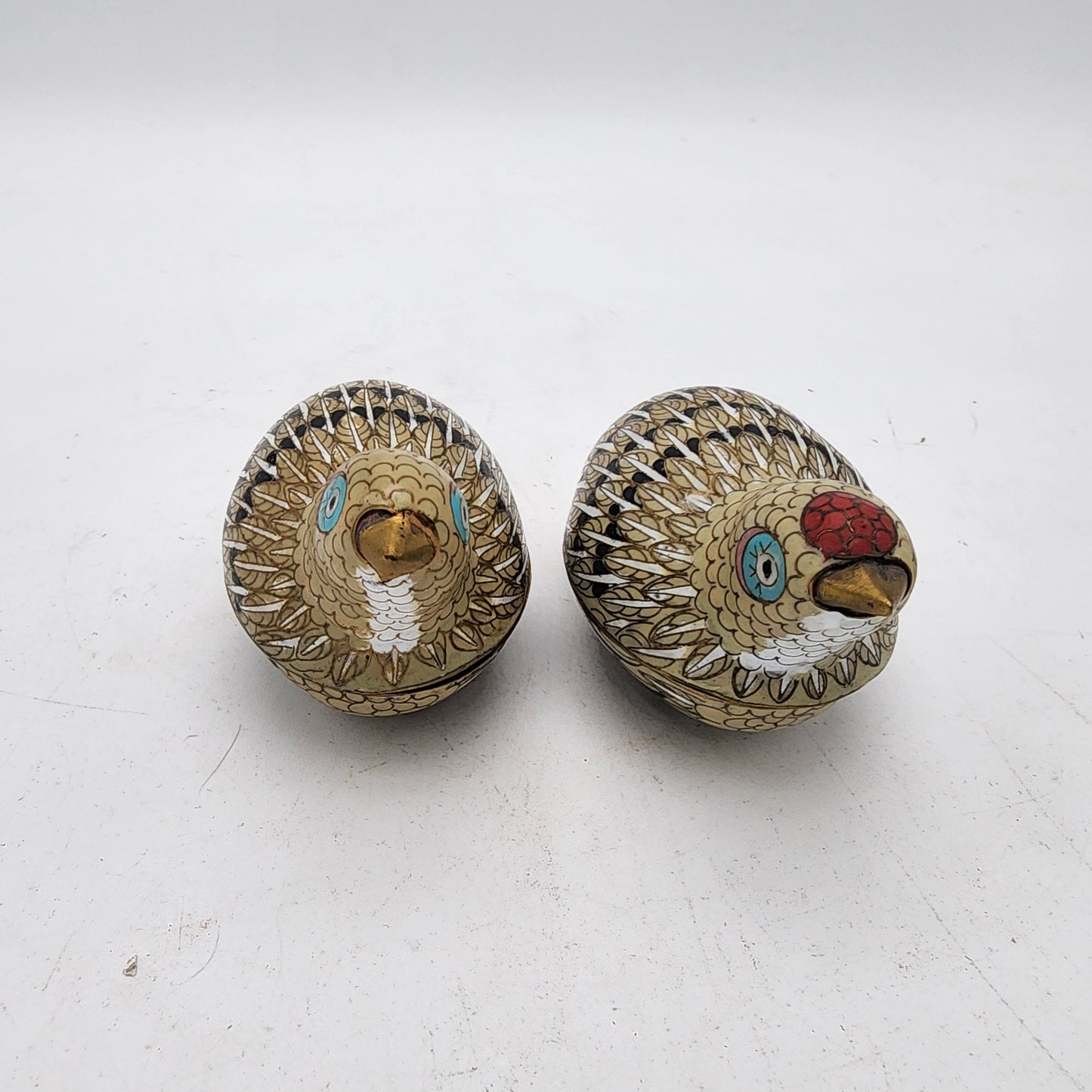 Antique Late 19th Century Pair of Cloisonne Quail Boxes