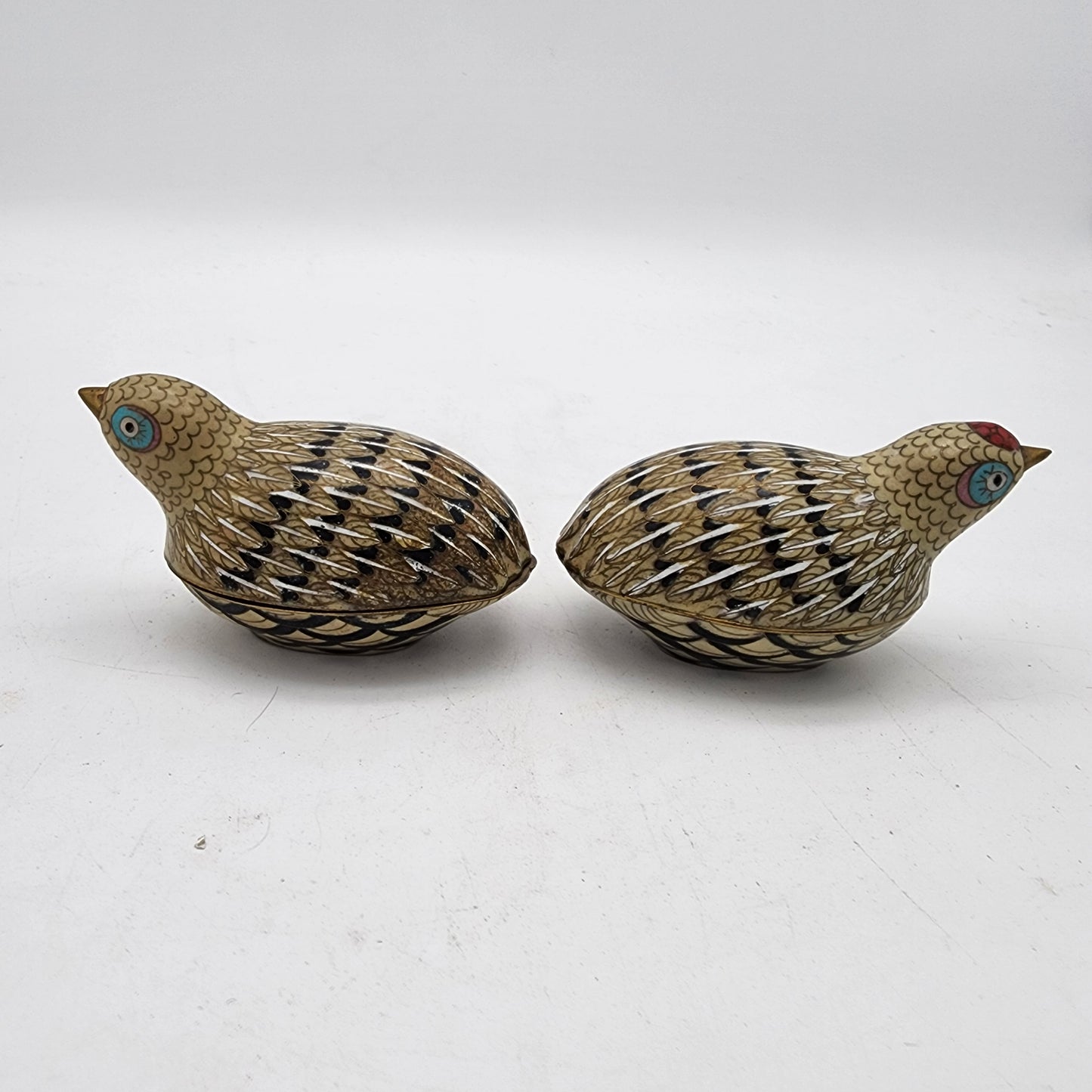Antique Late 19th Century Pair of Cloisonne Quail Boxes