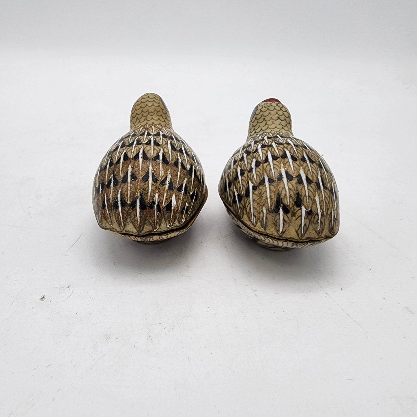 Antique Late 19th Century Pair of Cloisonne Quail Boxes