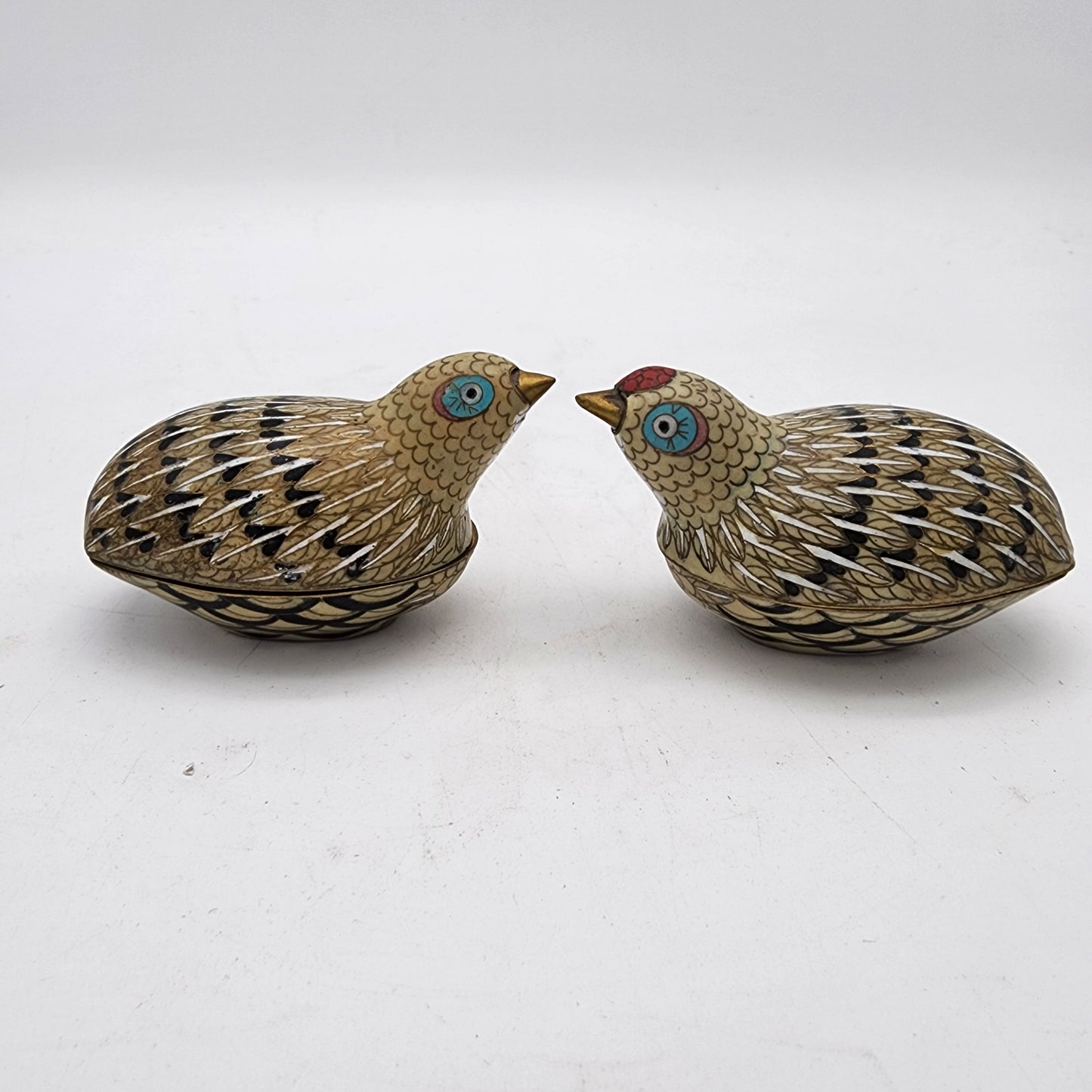 Antique Late 19th Century Pair of Cloisonne Quail Boxes