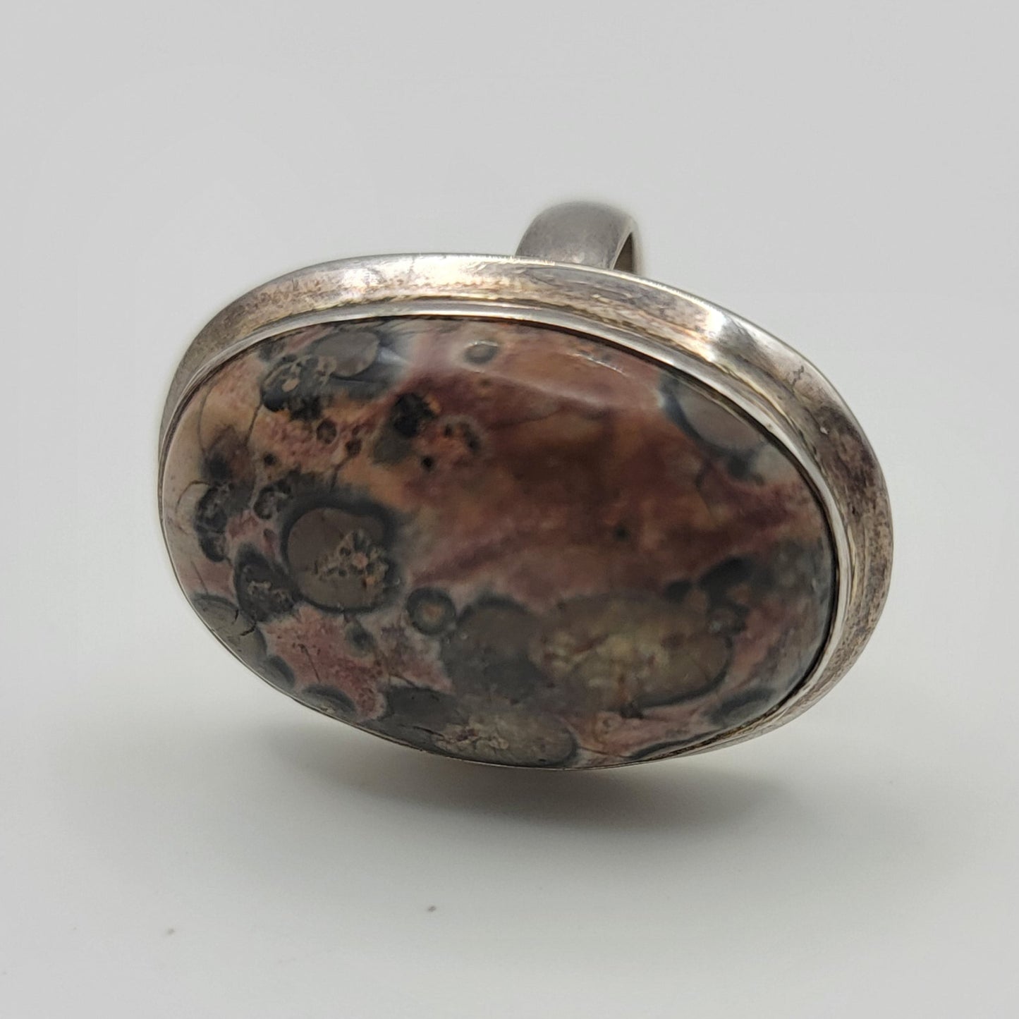 925 Sterling Leopard Skin Jasper Agate Cabochon Ring Size 7.25