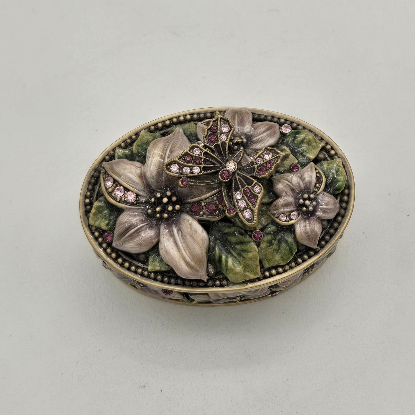 Trinket Box Butterfly Flowers and Rhinestones FREE SHIPPING