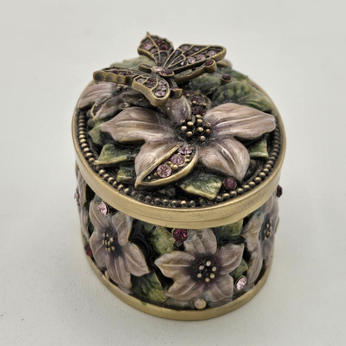 Trinket Box Butterfly Flowers and Rhinestones FREE SHIPPING