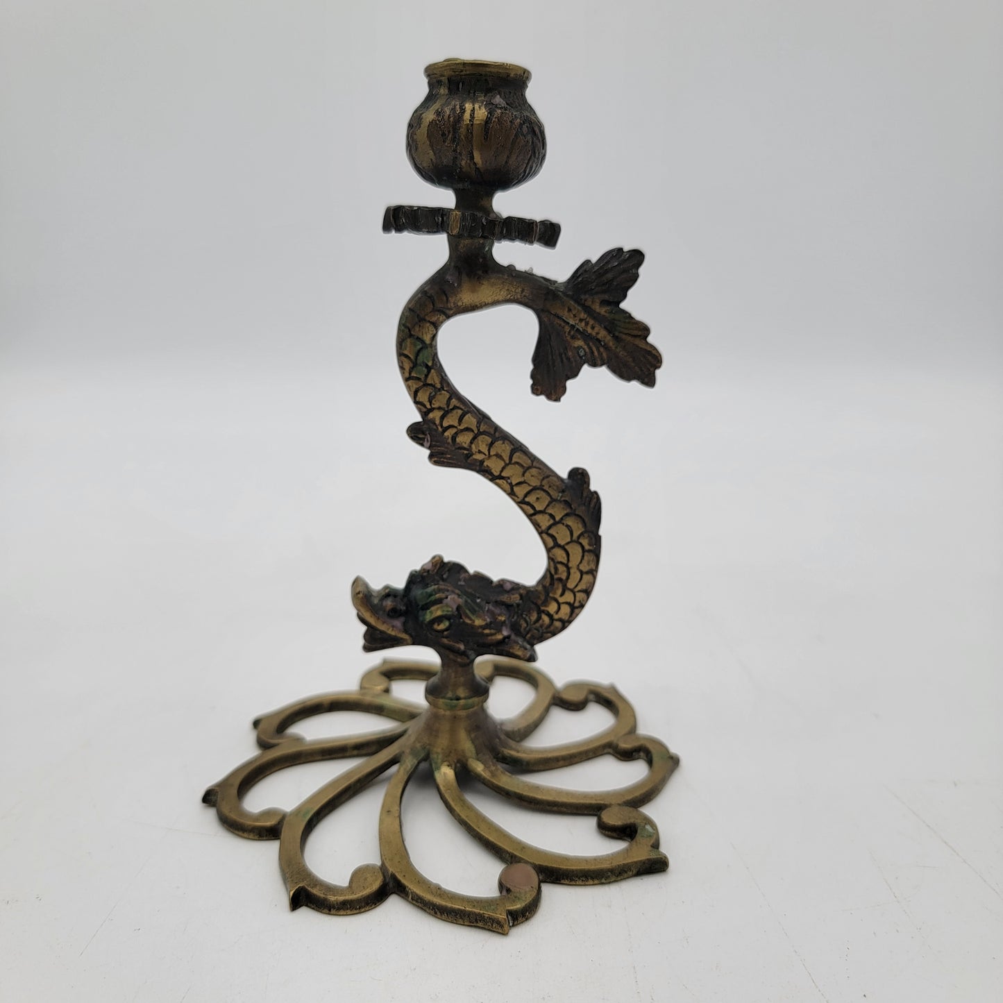 Vintage Dolphin Fish Solid Brass Candlesticks Set