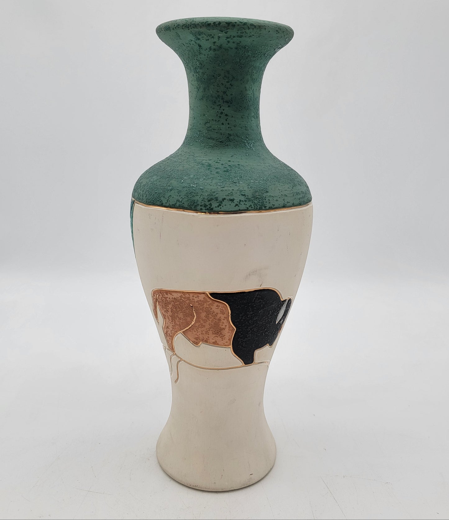 1990's Art Pottery Vase with Buffalo