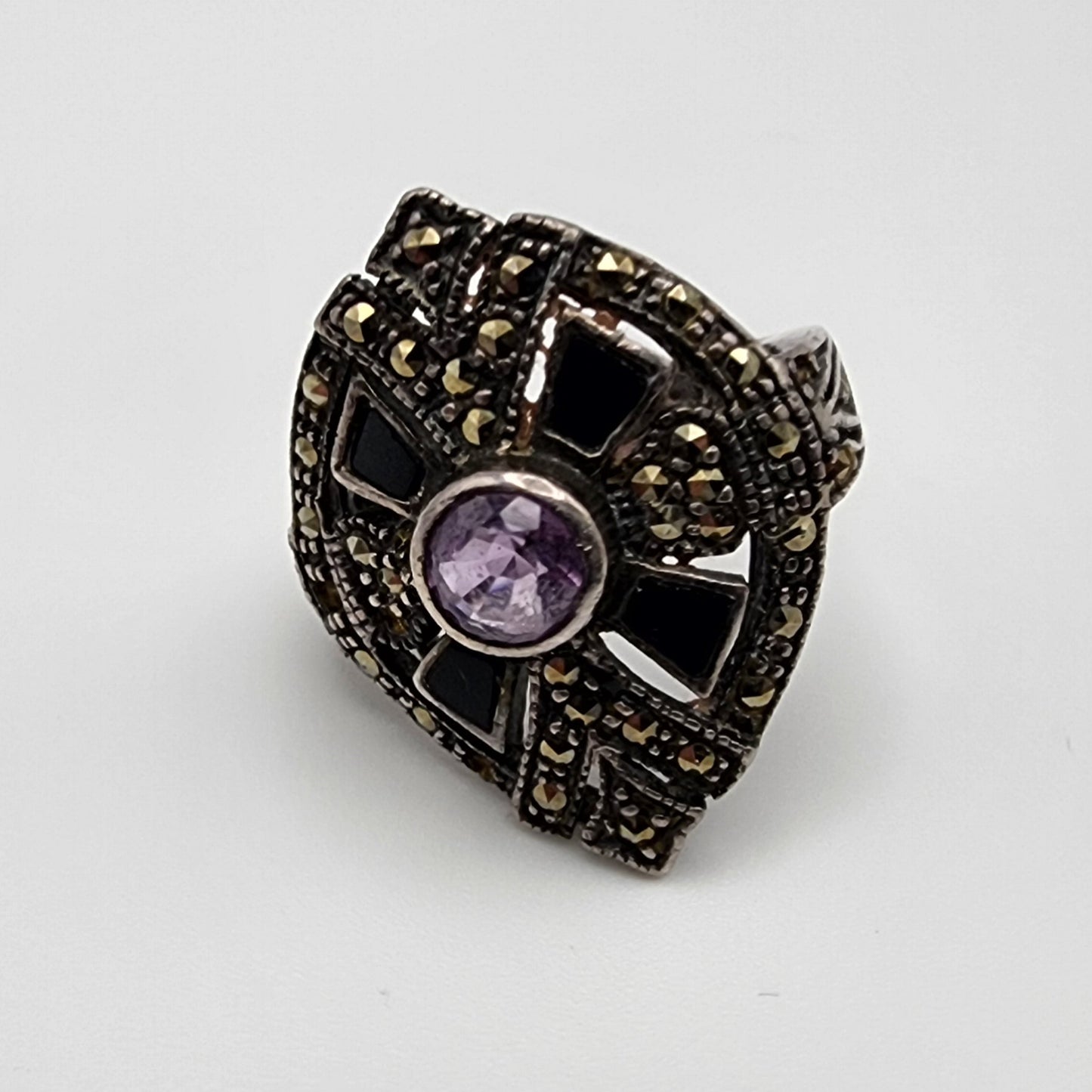 Art Deco Sterling Marcasite Amethyst Onyx Ring Size 6.5