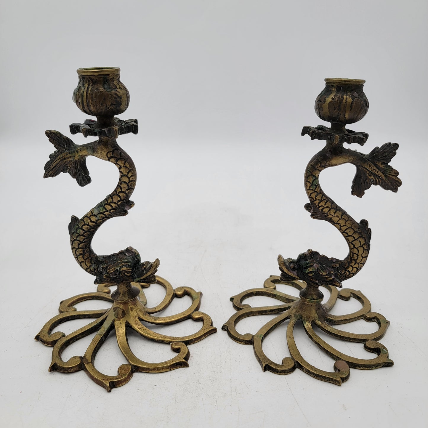 Vintage Dolphin Fish Solid Brass Candlesticks Set