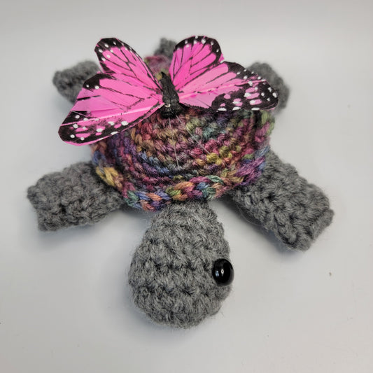 Hand Crocheted Turtle Grey with Varigated Shell and Butterfly