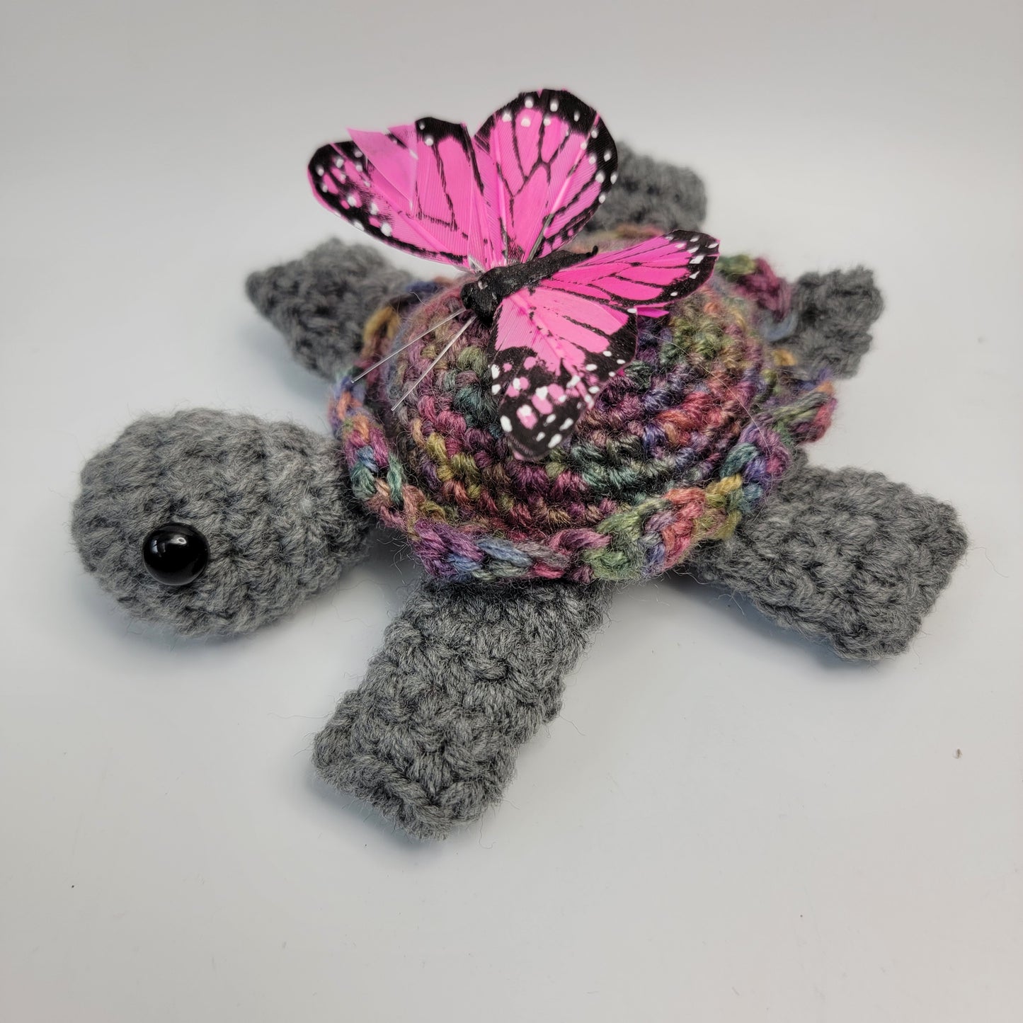Hand Crocheted Turtle Grey with Varigated Shell and Butterfly