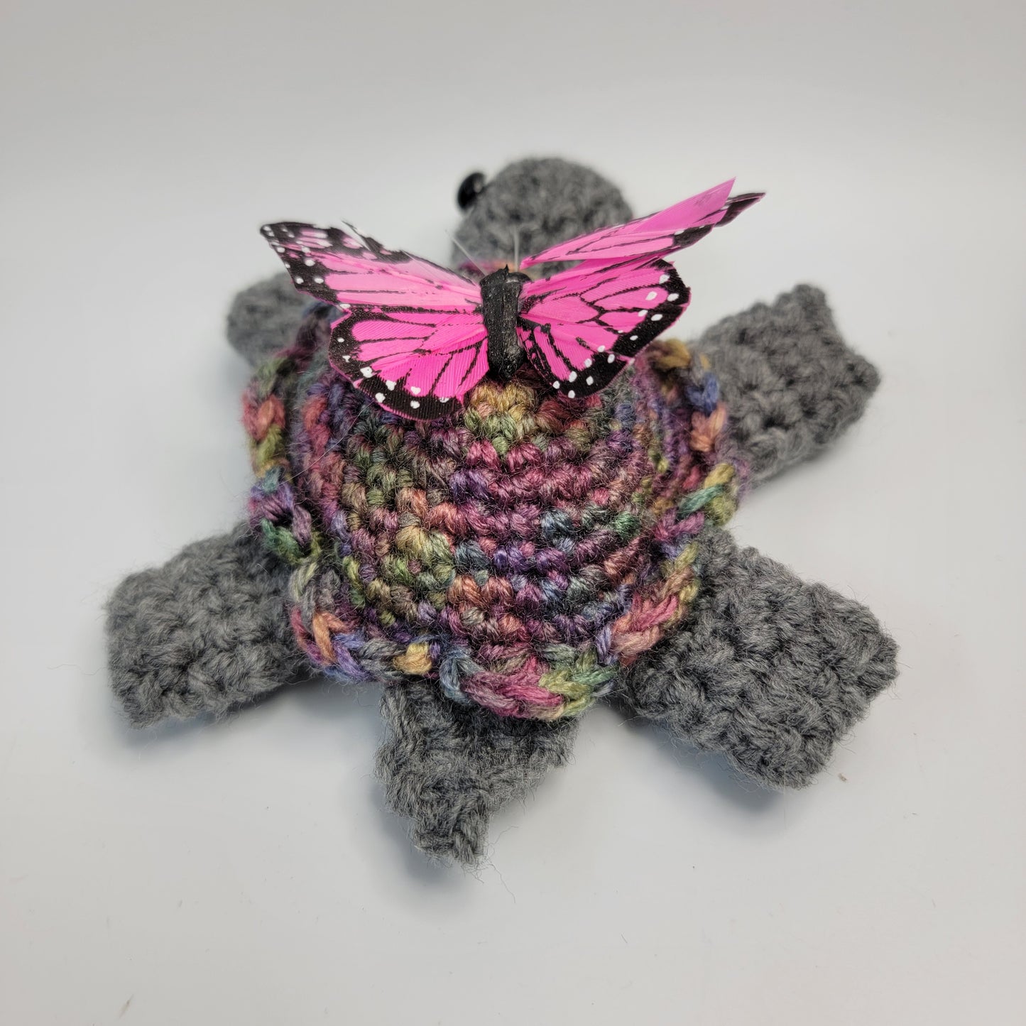Hand Crocheted Turtle Grey with Varigated Shell and Butterfly