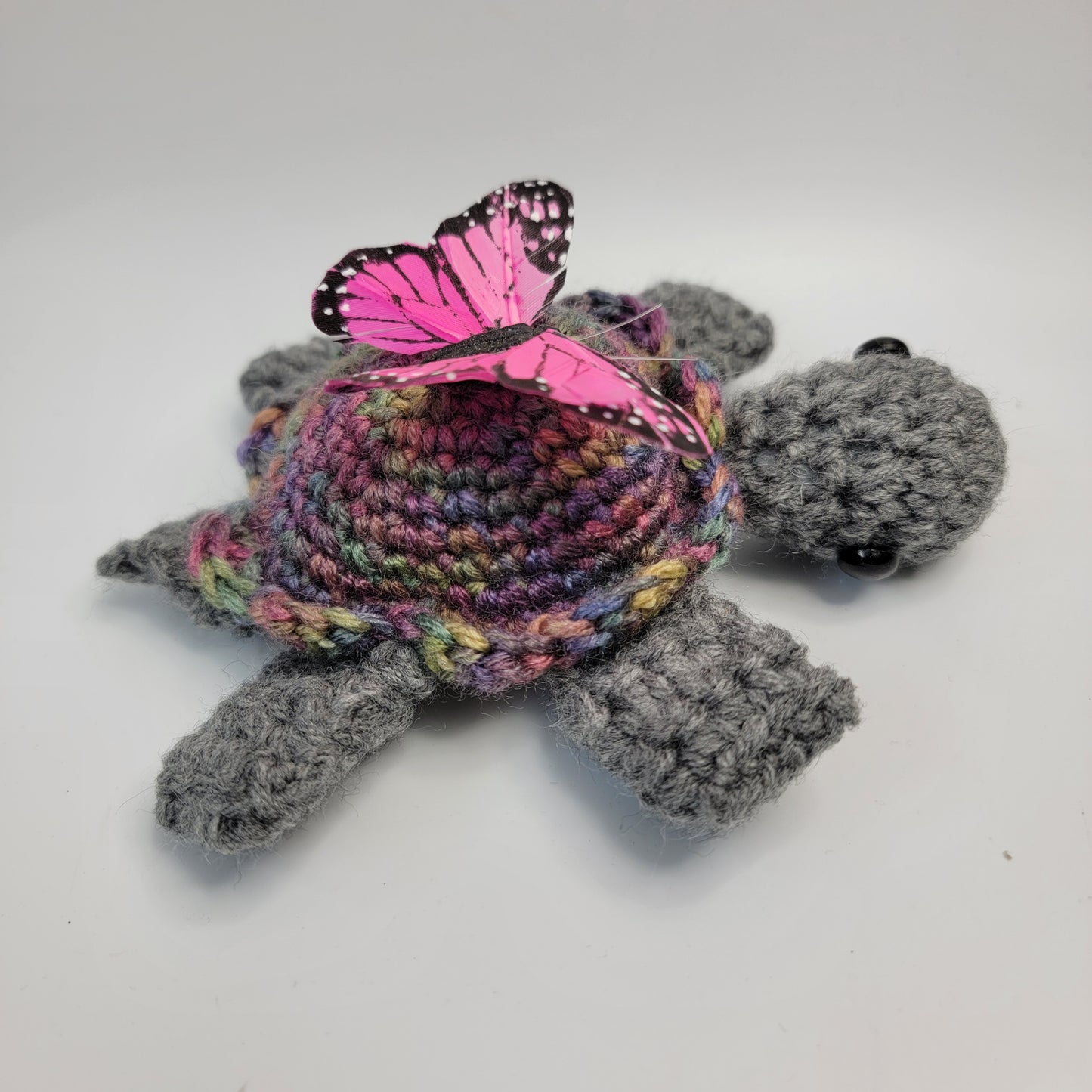 Hand Crocheted Turtle Grey with Varigated Shell and Butterfly