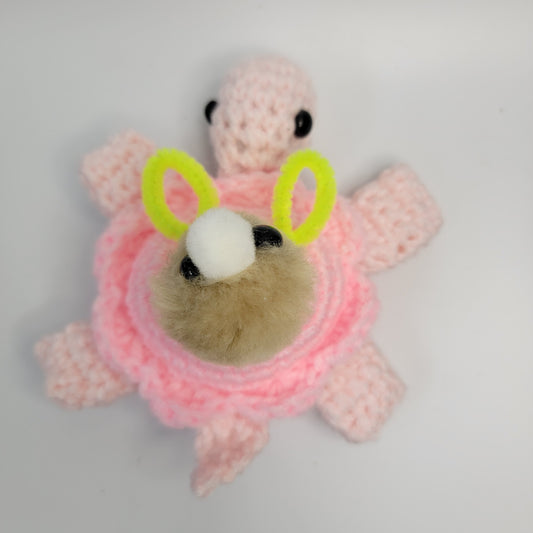 Hand Crocheted Turtle Pink with Neon Ear Bunny