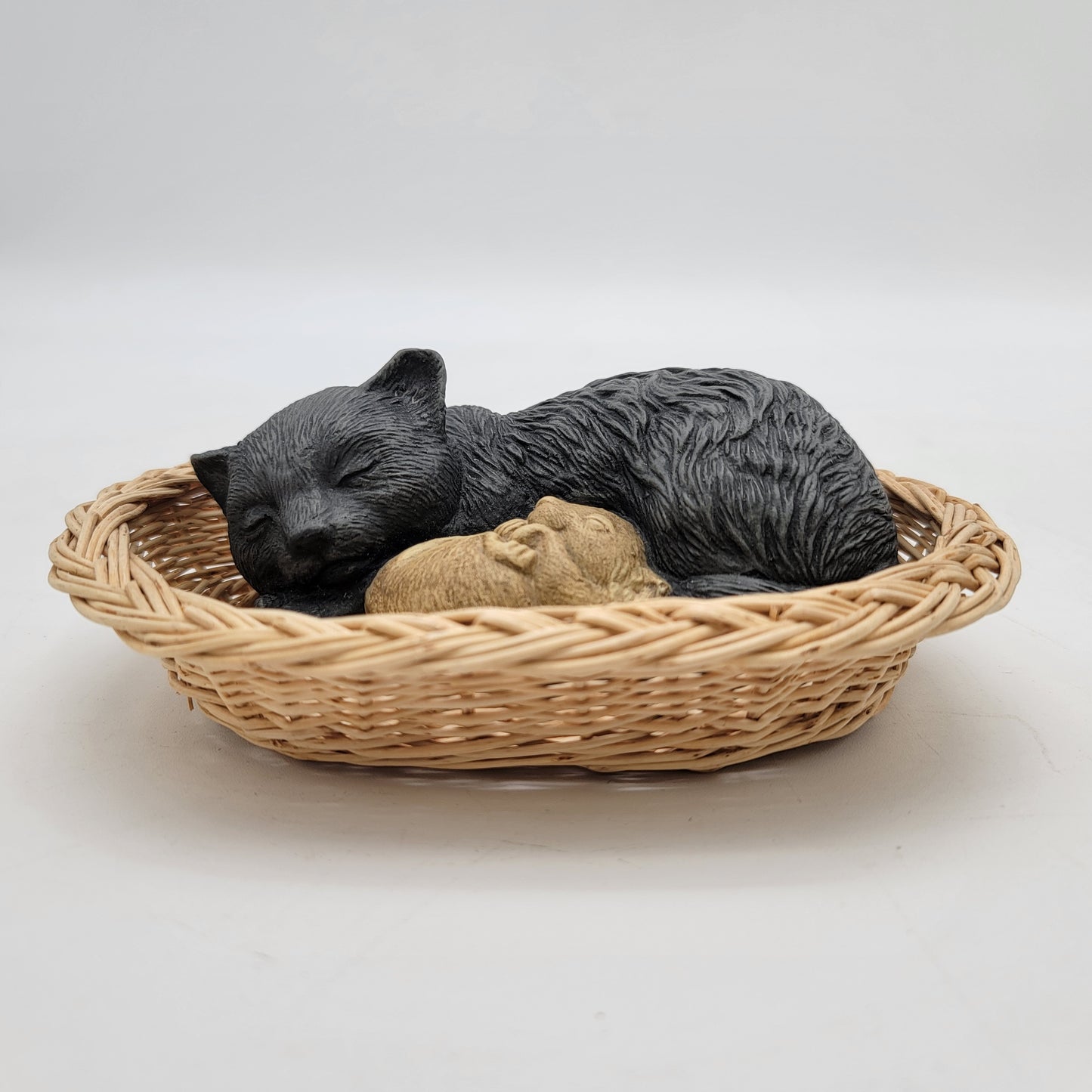 Sleeping Cat and Mouse in Basket Figurine