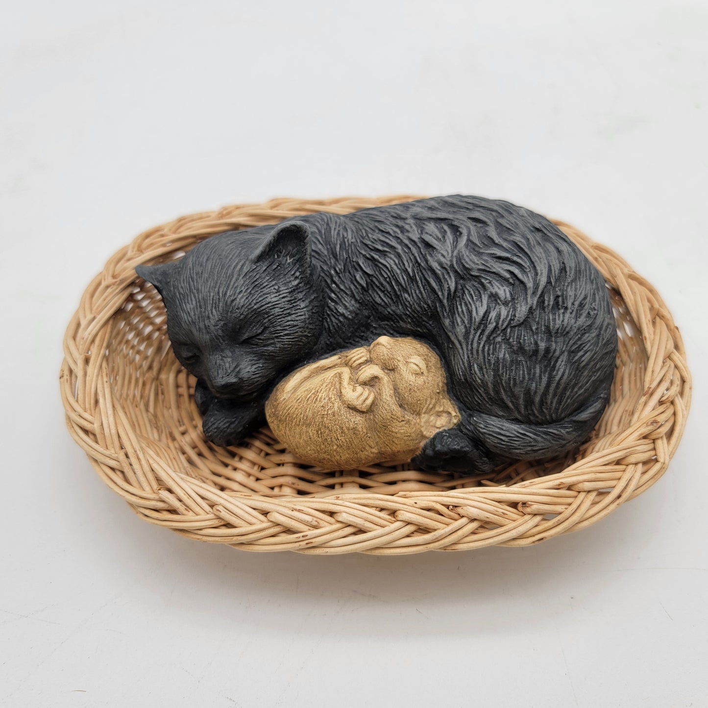 Sleeping Cat and Mouse in Basket Figurine