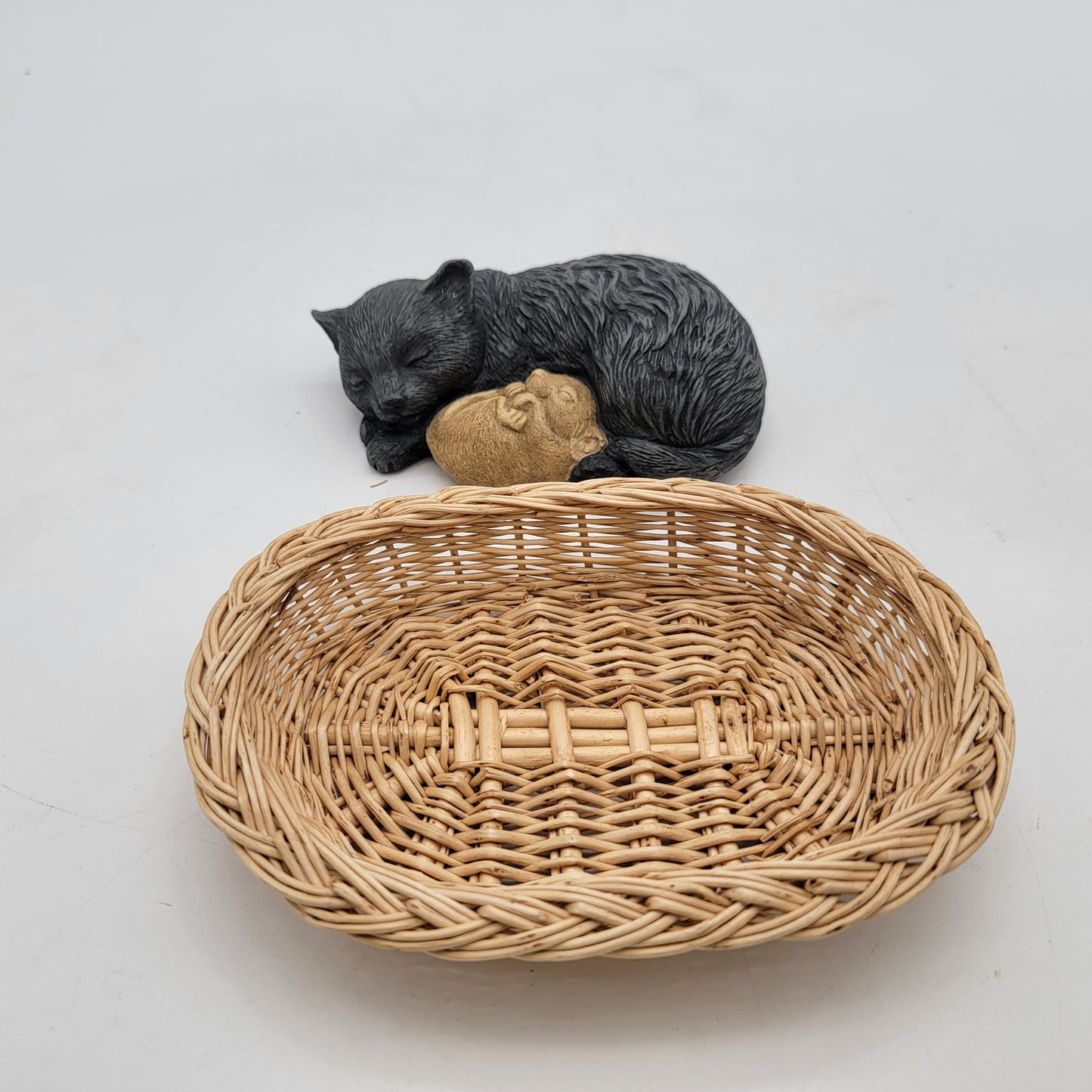 Sleeping Cat and Mouse in Basket Figurine