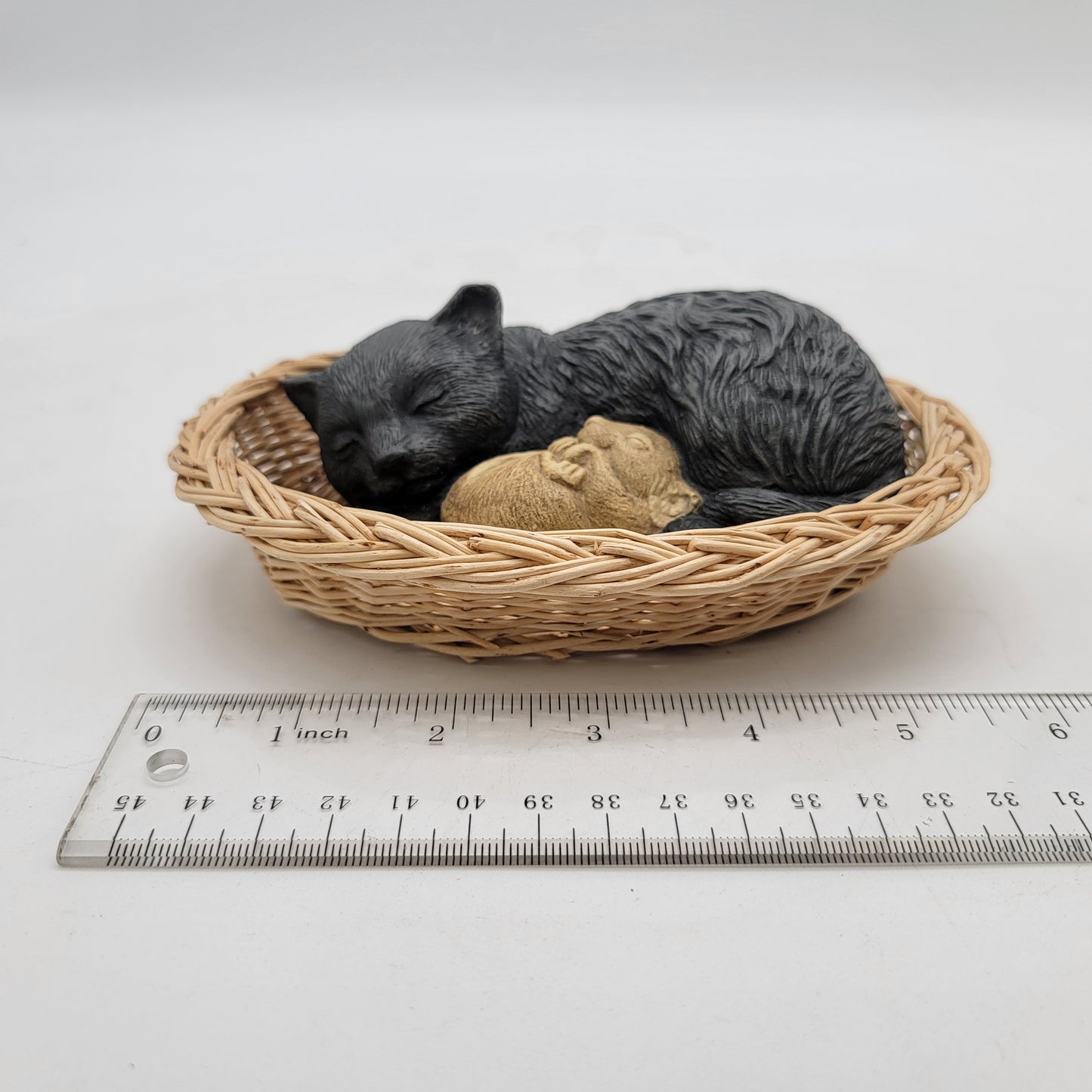 Sleeping Cat and Mouse in Basket Figurine
