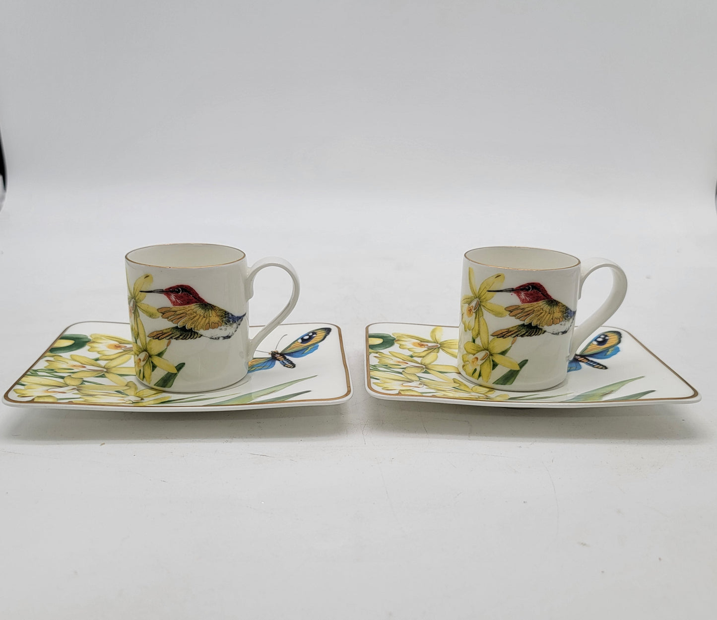 Pair Of Villeroy & Boch Amazonia Espresso Cups & Saucers Hummingbirds