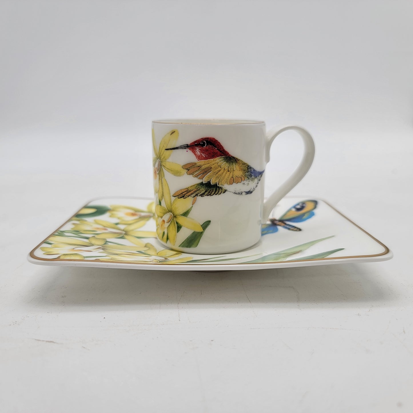Pair Of Villeroy & Boch Amazonia Espresso Cups & Saucers Hummingbirds
