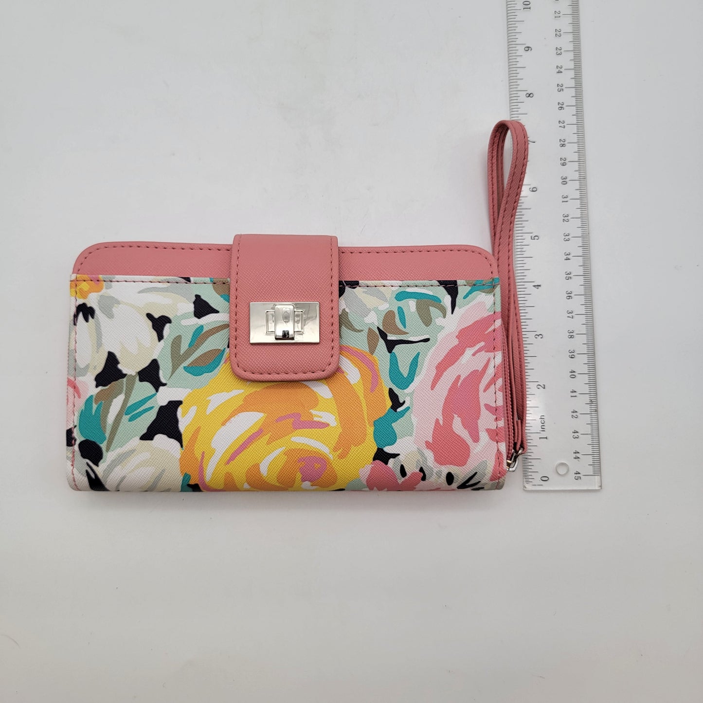 Pink Floral Wallet Wristlet RFID Safe With Zipper Pocket & Snap Closure