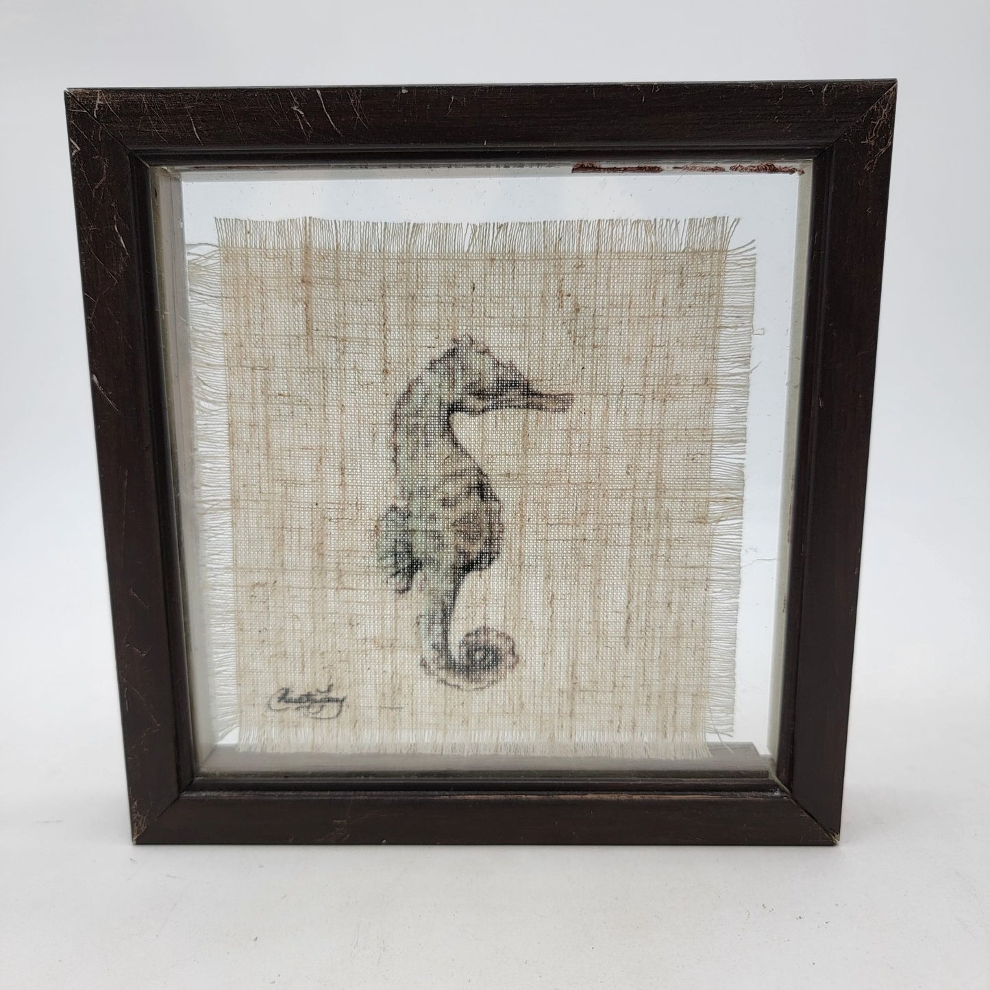 Framed Linen Seahorse Art Signed By Artist