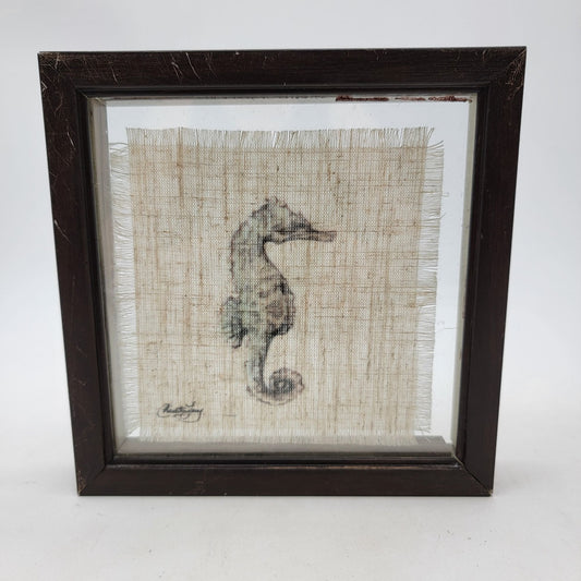 Framed Linen Seahorse Art Signed By Artist