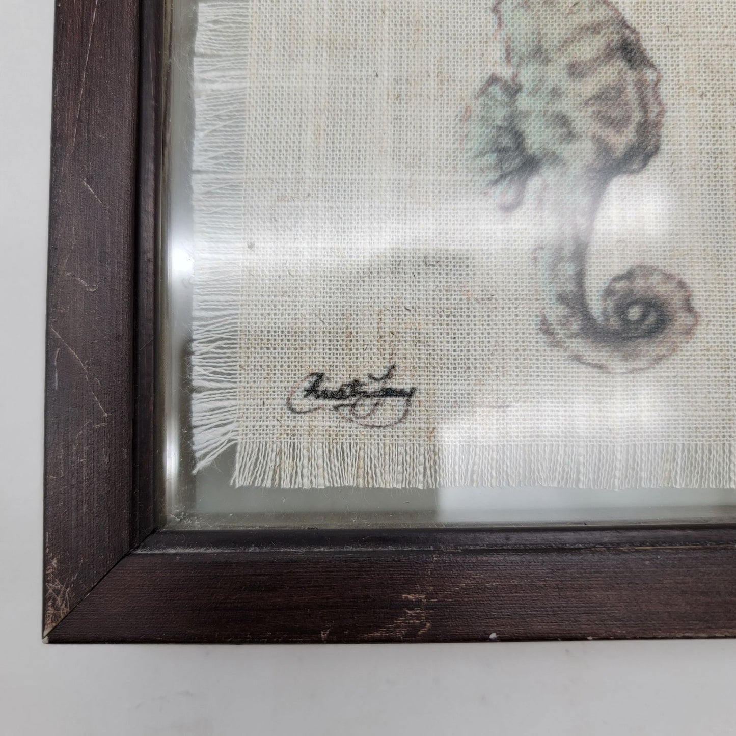 Framed Linen Seahorse Art Signed By Artist