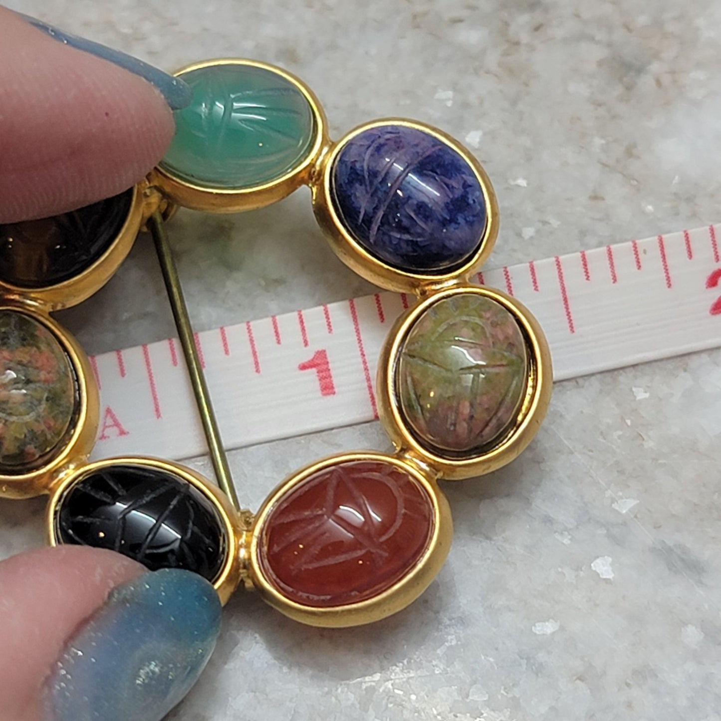 Vintage Gemstone Scarab Circle Brooch