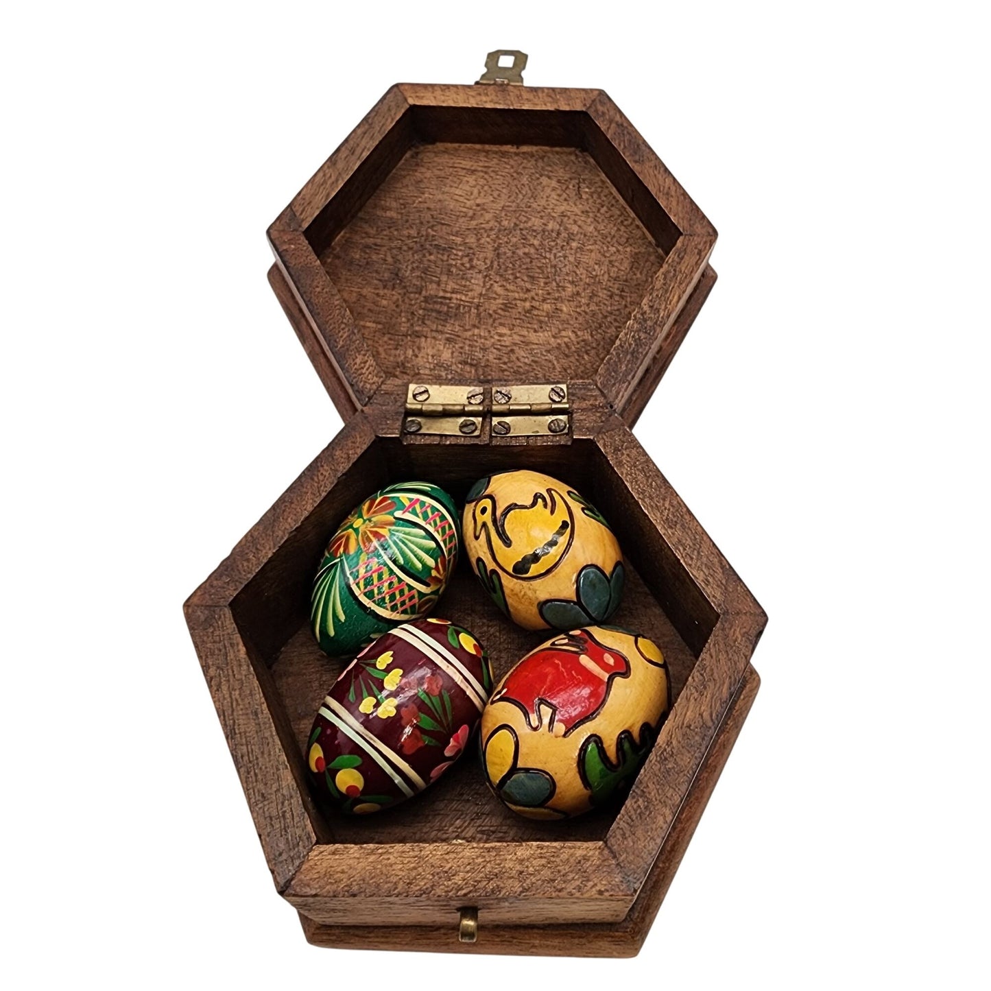 4 Hand Painted Eggs in Vintage Hexagon Wood Box With Brass Latch