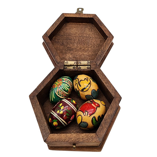 4 Hand Painted Eggs in Vintage Hexagon Wood Box With Brass Latch