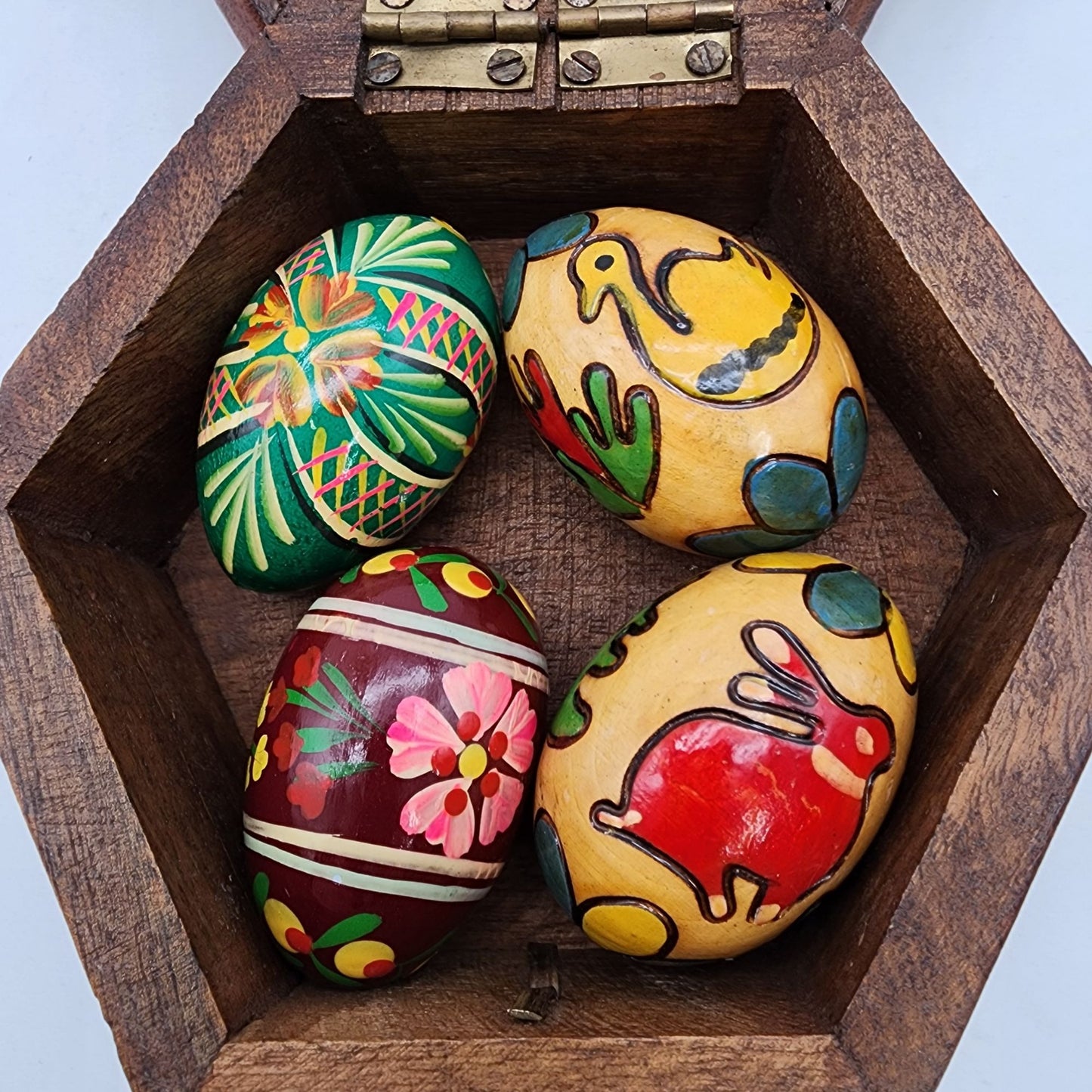 4 Hand Painted Eggs in Vintage Hexagon Wood Box With Brass Latch