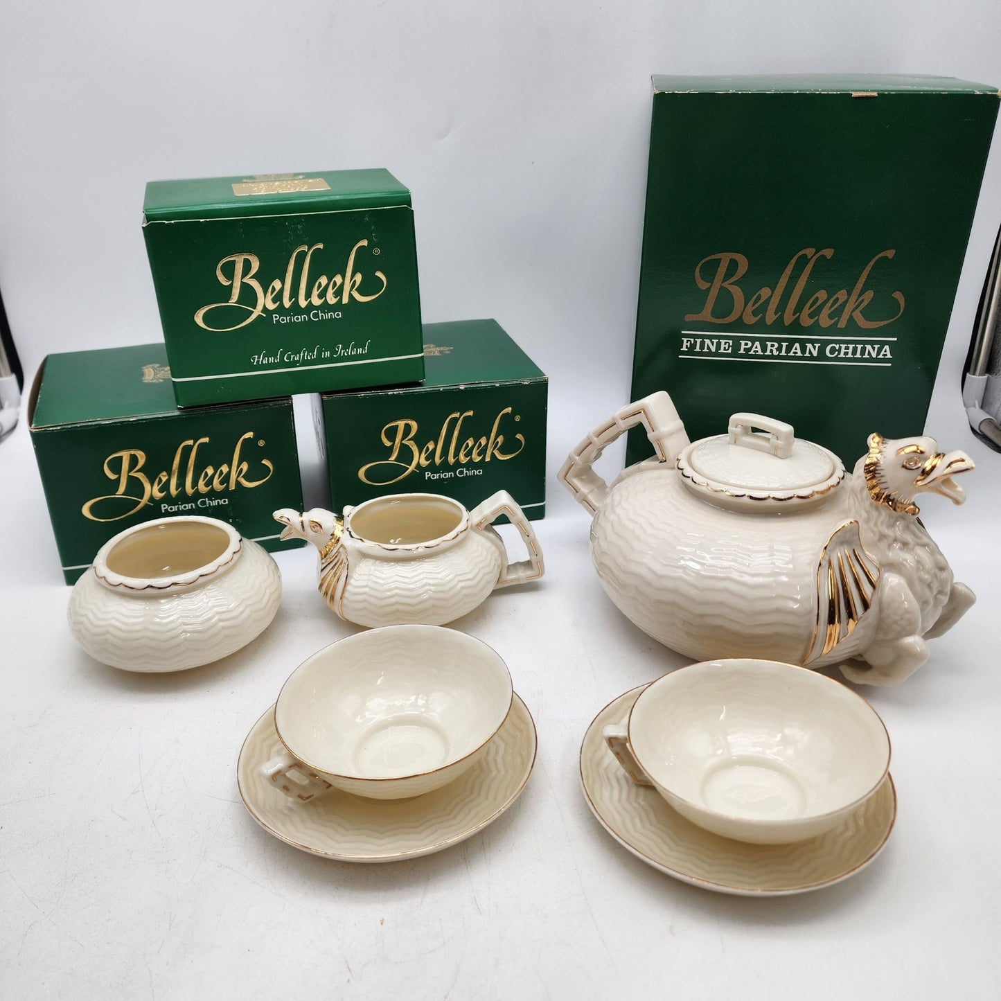 Belleek Dragon Tea Set Teapot Creamer Sugar Bowl & Tea Cups with Saucers - as found