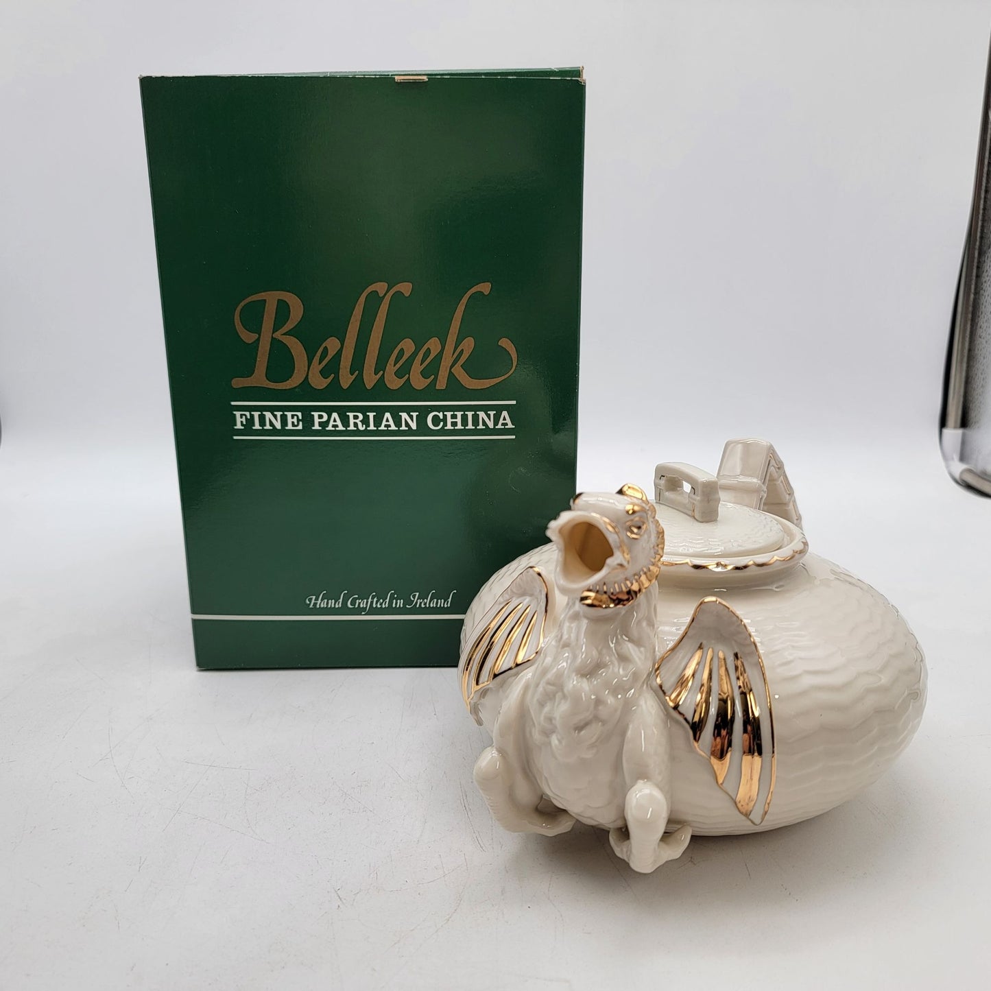 Belleek Dragon Tea Set Teapot Creamer Sugar Bowl & Tea Cups with Saucers - as found